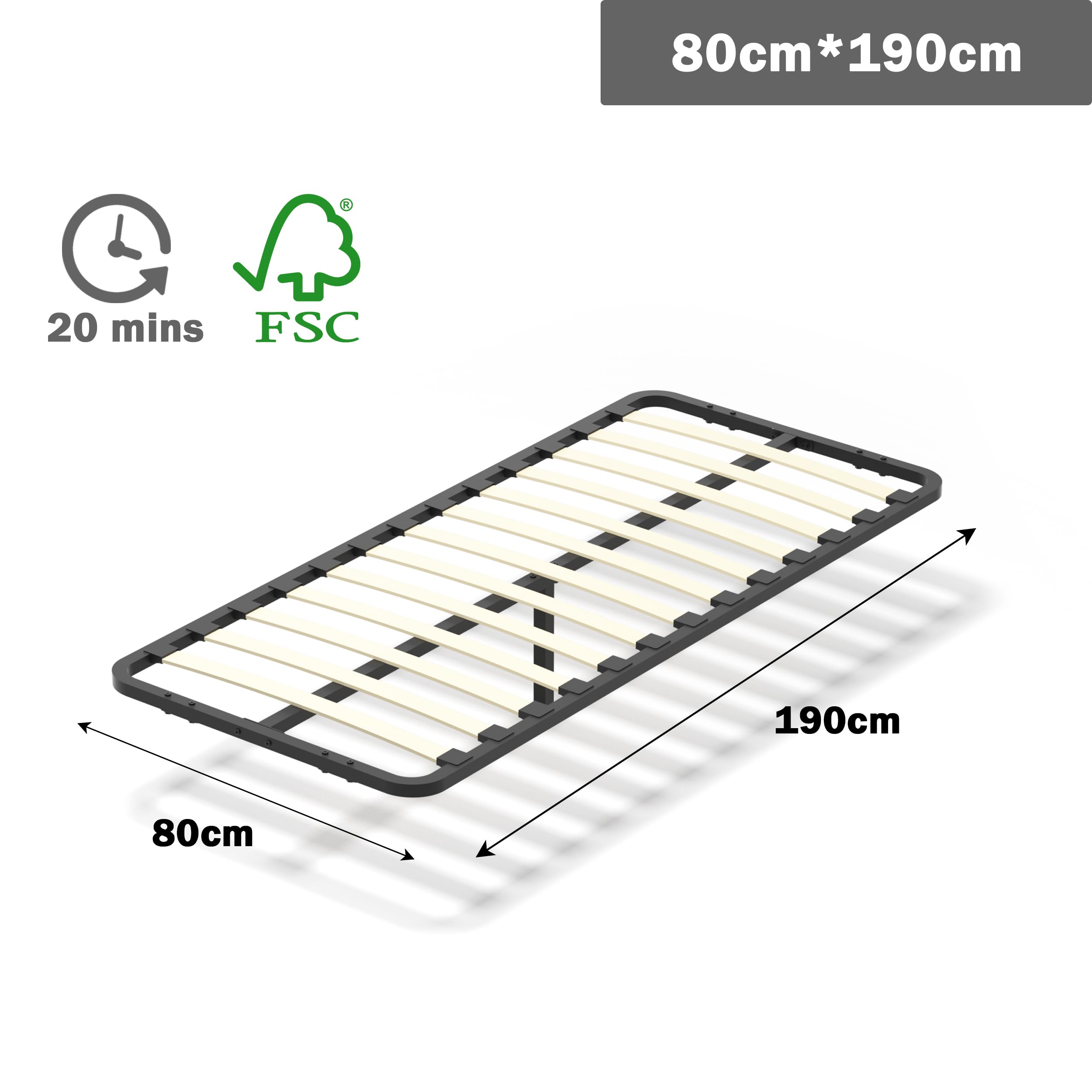 DEWINNER Rete Letto Singolo 80x190 cm Rete Senza Piedi da Appoggio con una Barra in Ferro, Rete 80x190 da Incasso e 1 piede regolabile per rinforzo in mezzo, 13 Doghe，Montaggio Rapido e Facile