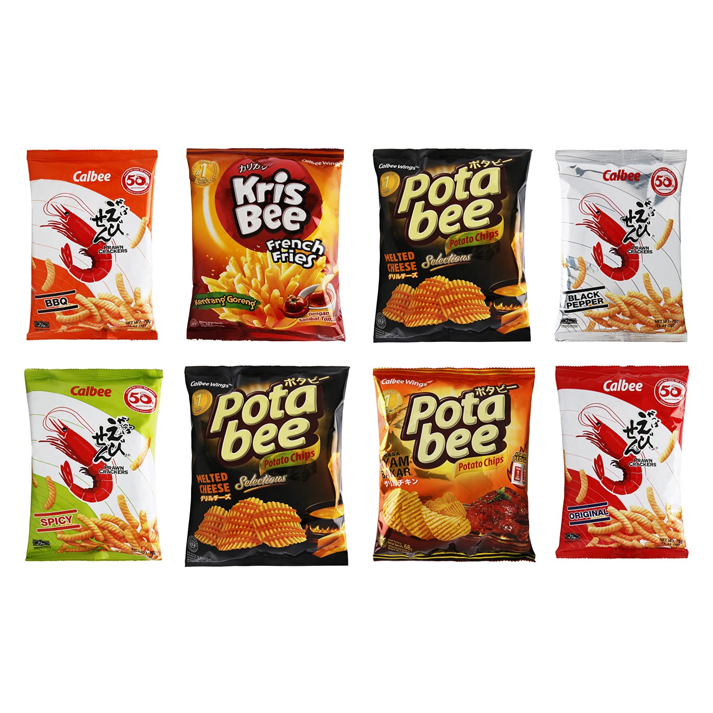Bunch of Snacks Combo, Krisbee Fries Original , Potabee Grilled Chicken , Potabee Melted Cheese , Potabee Salted Egg , Crispy & Smooth , Veggie Crunchy , Yummy & Delicious - (Pack of 8 Items Combo)