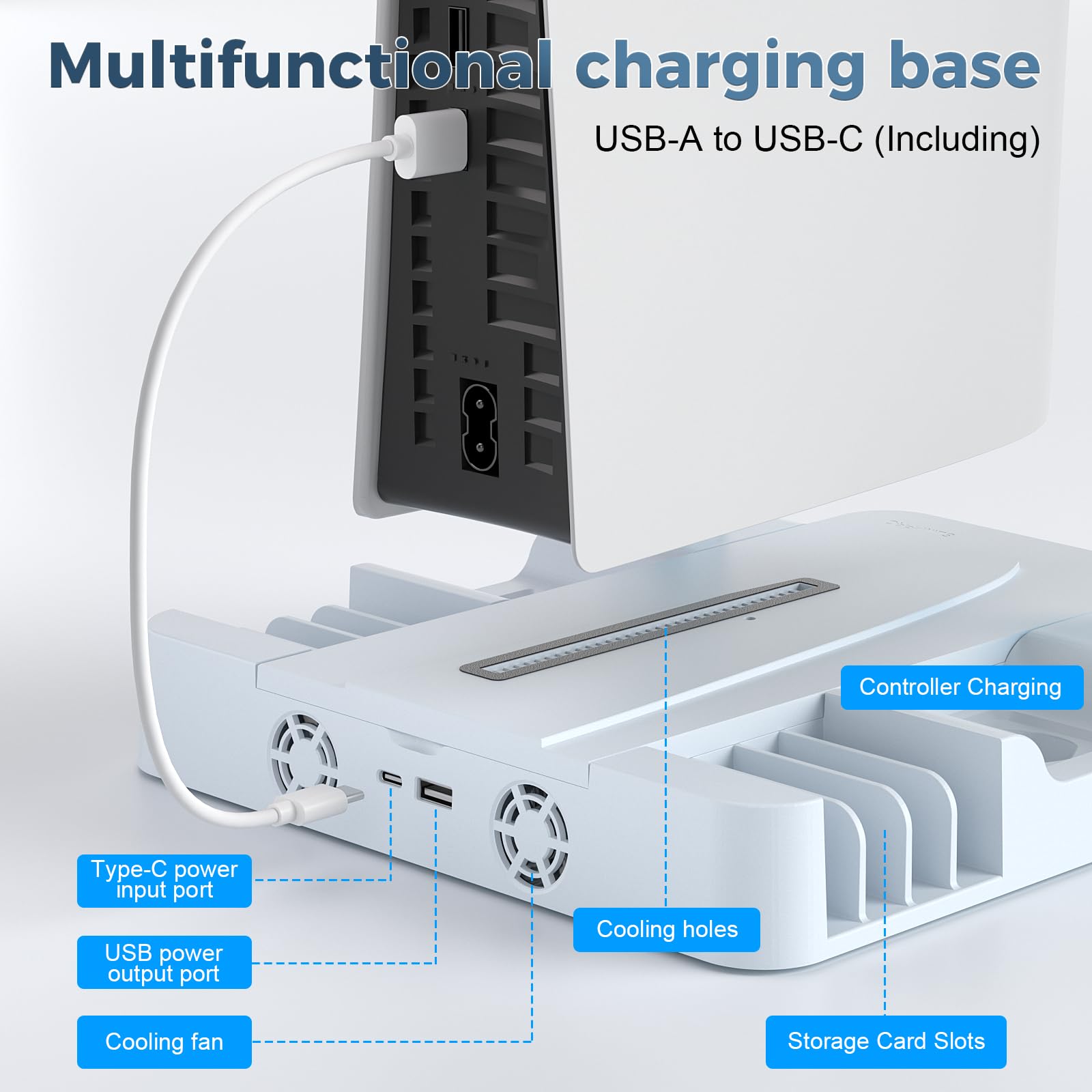 Station de charge pour PS5 avec ventilateur de refroidissement et support de carte de jeu, ventilateur à 3 compartiments, pour consoles PS5/Slim/Pro, double manette, station de charge rapide