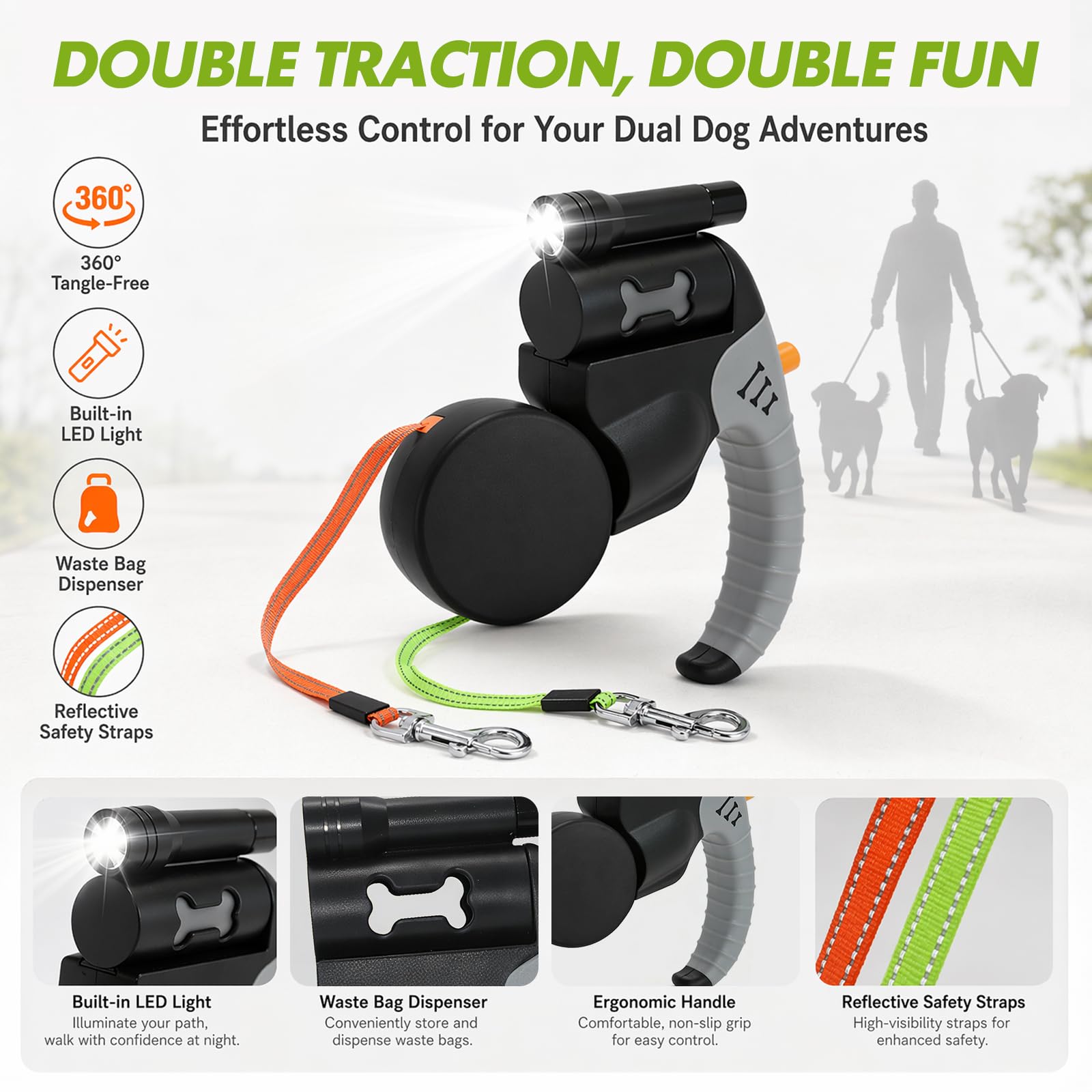RANJIMA Einziehbare Hundeleine, 3 m Hundeleine Doppelleine Für 2 Hunde Mit Licht, Automatische Hund Versenkbar Leine, Flexileine, Anti Rutsch Griff für Kleine Und Mittelgroße Hunde