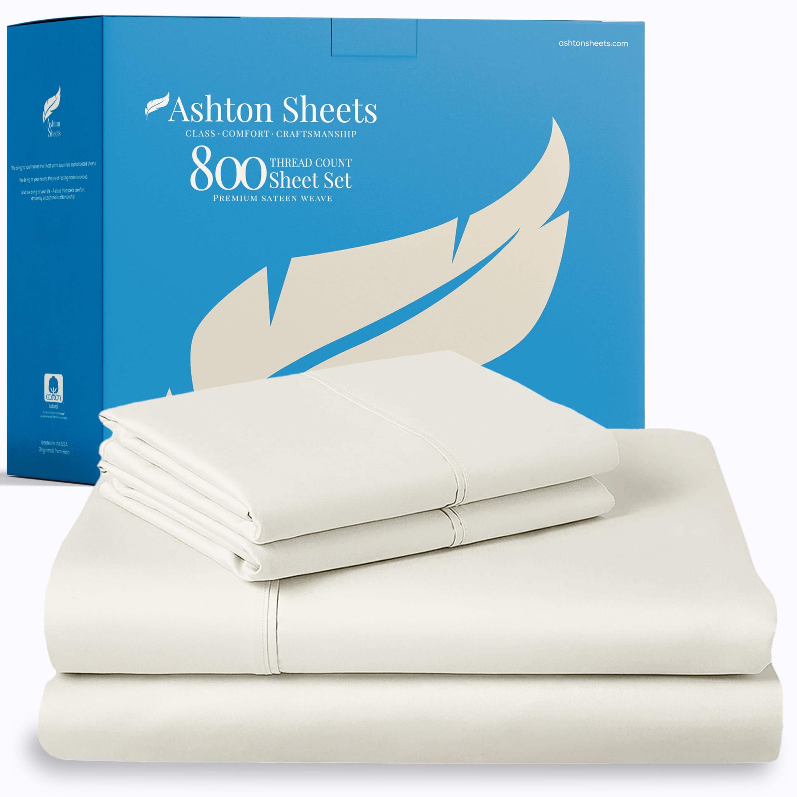 Ashton Sheets 100% Egyptian Cotton Sheets Queen Size Bed Set - 4 PC 800 High Thread Count Egyptian Cotton Queen Sheet Set (Ivory), Soft, Cooling, 16"
