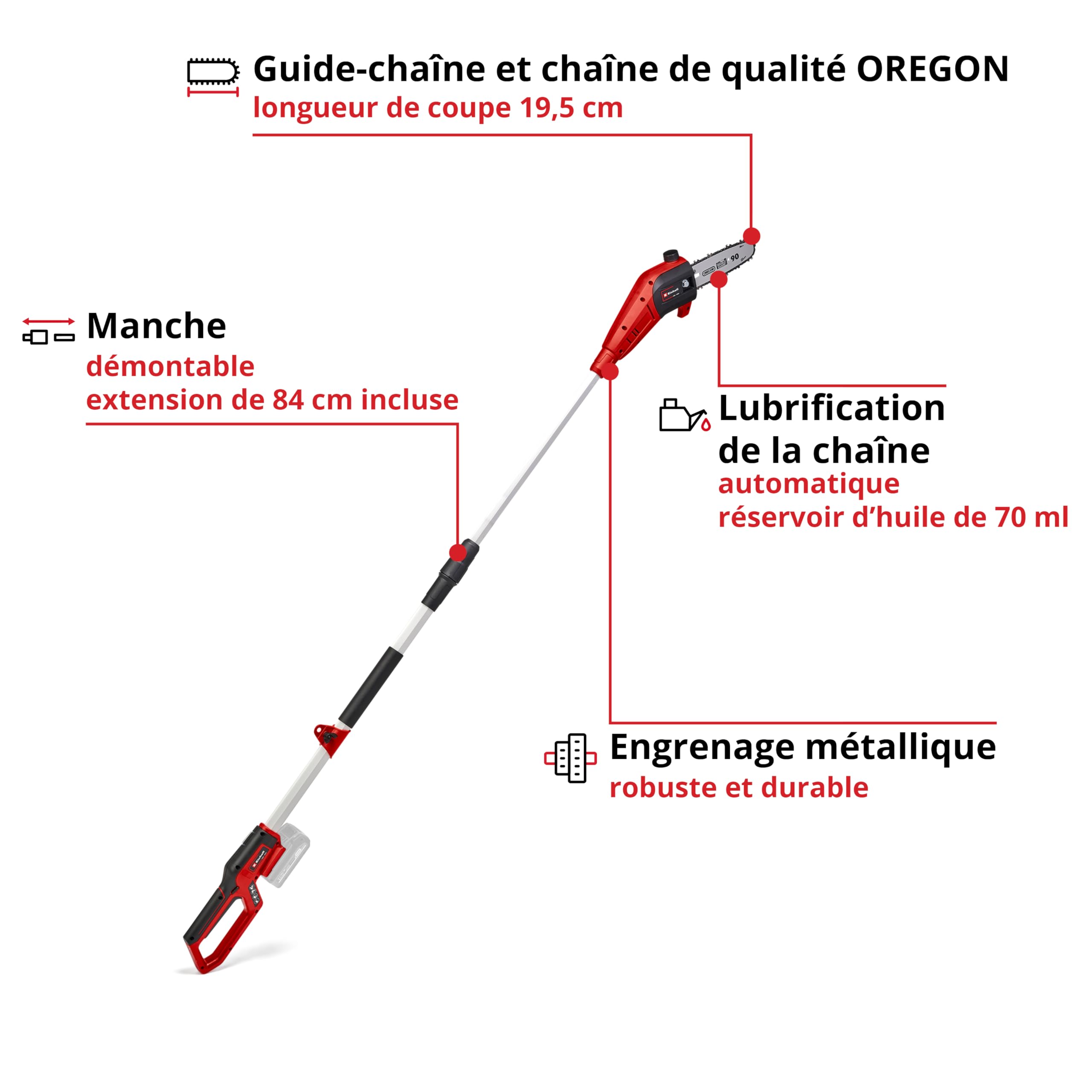 Einhell Elagueuse sur perche sans fil GC-LC 18/20 Li T-Solo Power X-Change (18 V, bloc moteur inclinable à 30°, perche, engrenage métallique) Livré sans Batterie ni Chargeur