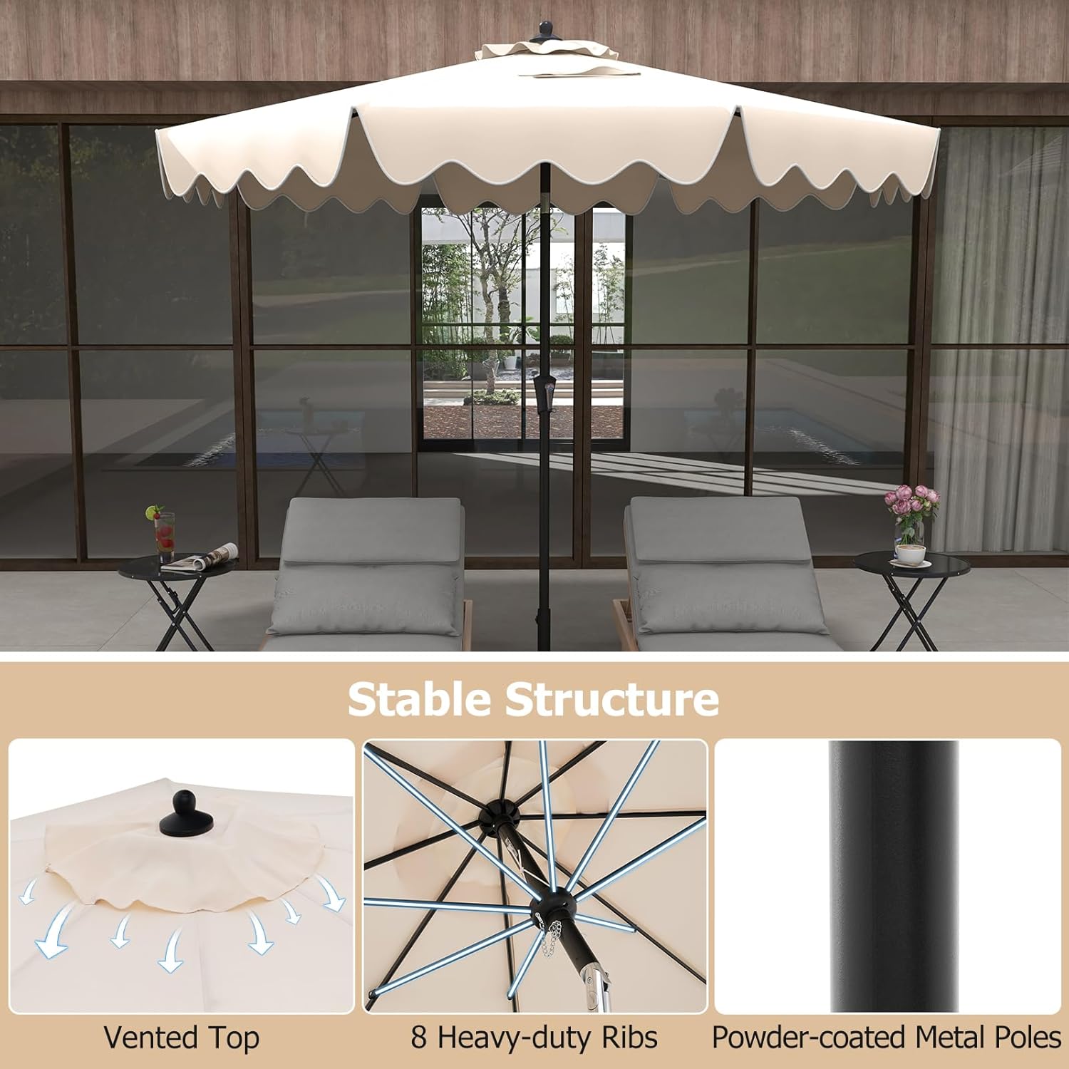 HAPPYGRILL 9 FT Ruffled Patio Umbrella with Push Button Tilt, Crank, 8 Ribs, Outdoor Heavy-Duty Market Table Umbrella for Yard Garden Pool