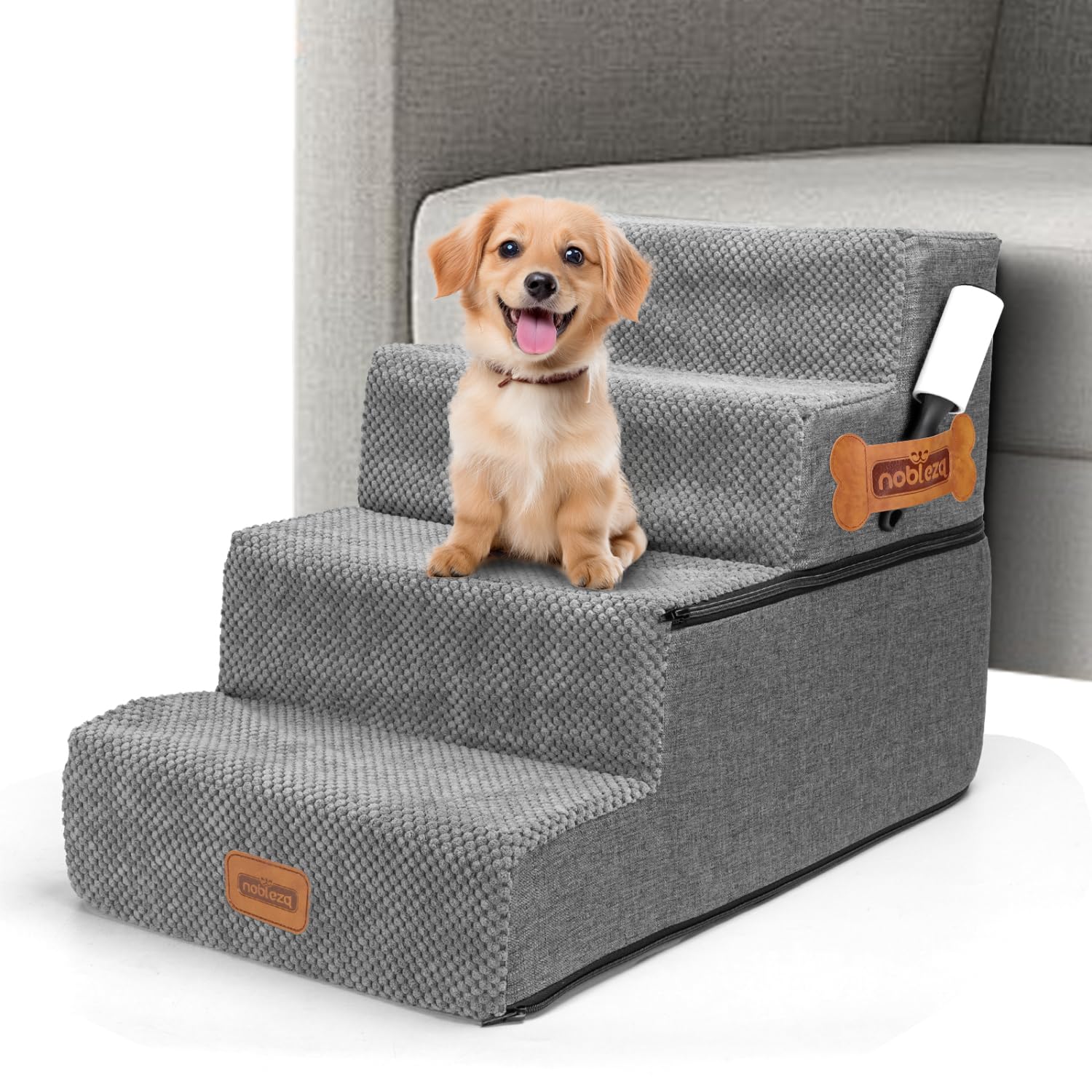 Nobleza Escalera para Perros, Rampa para Perros, Escalera para Cama de Perros Pequeños para Perros y Gatos, Escaleras para Perros Mascotas de 4 Escalones con Rodillo Quitapelusas