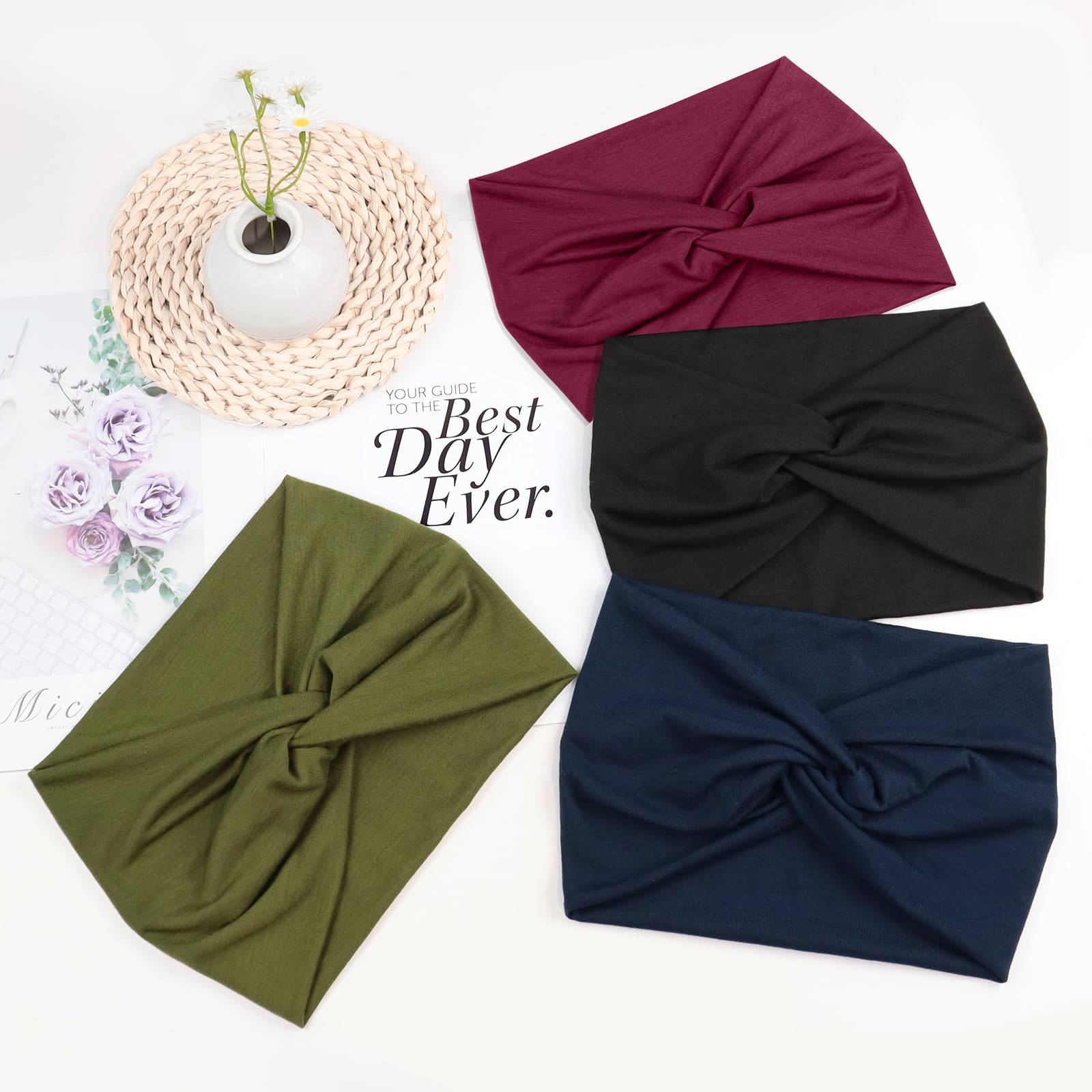 Diademas Mujer Delgadas,4Pcs Turbantes para Mujer – Bandana Elásticas Anchas Cinta Pelo para Yoga, Fitness & Maquillaje – Africano Headband Accesorio de Cabello de Verano