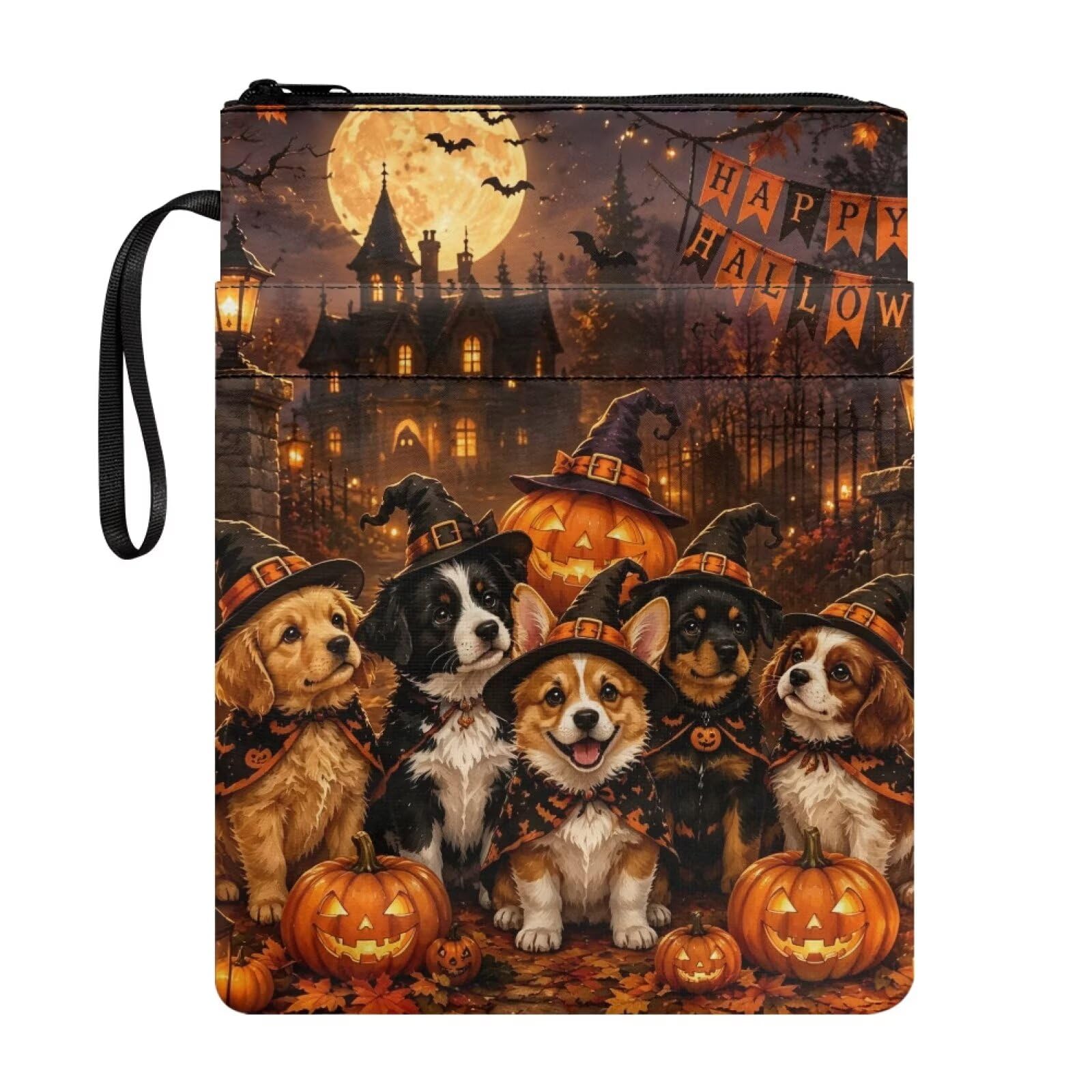 Poceacles Halloween Theme Book Sleeve Pouch Protector for Paperback Hardcover, Textbooks Storage Bag for Book Lovers, Women, Men, Cute Wizard Dog Puppy Pumpkin Pattern — image 1