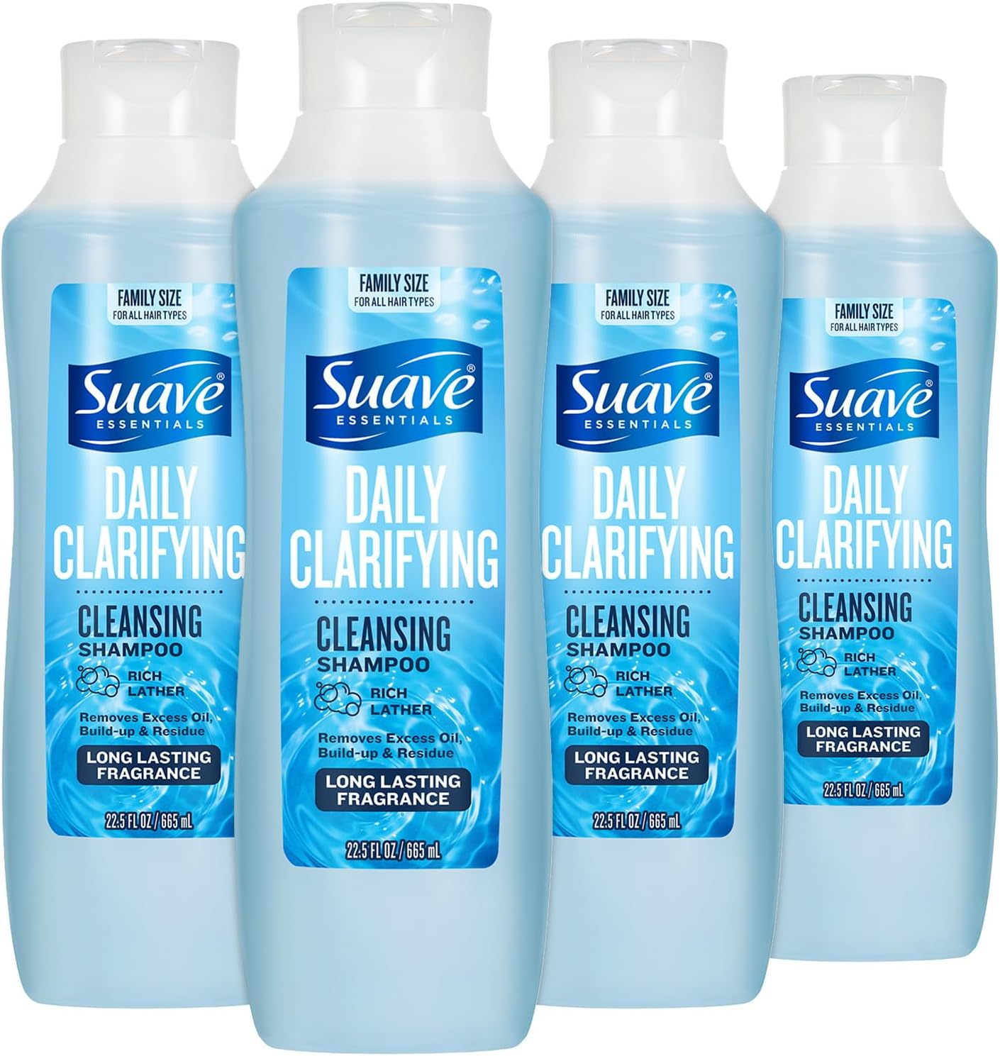 Suave Clarifying Shampoo, Family-Size 4-Pack – pH-Balanced & Hypoallergenic Daily Deep Cleansing Shampoo for Normal to Oily Hair, 22.5 Oz Ea