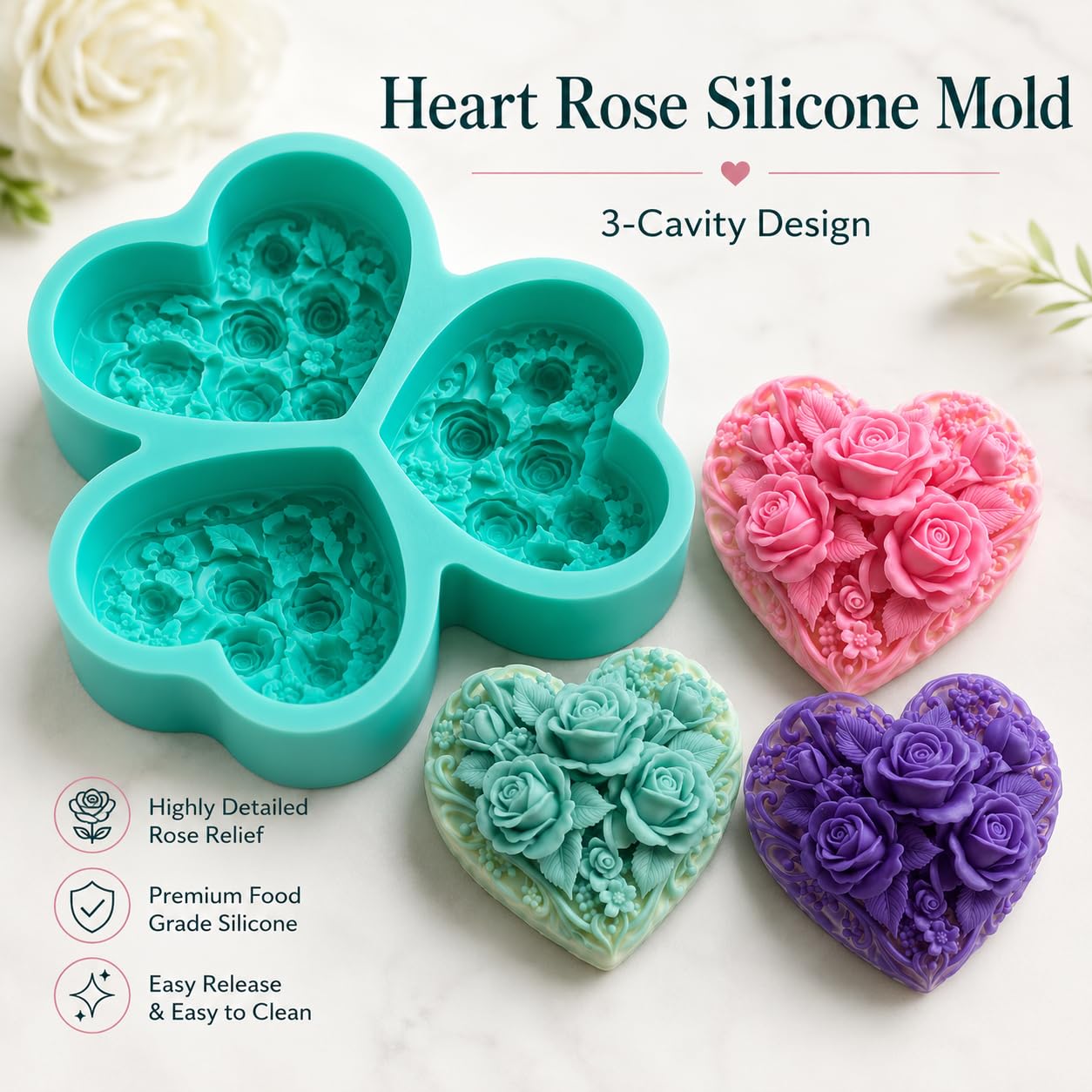 Molde de jabón de silicona con diseño de corazón y rosa, molde de alivio de flores de 3 cavidades para hacer jabón hecho a mano, molde de silicona flexible para velas, cera, resina, chocolate, pastel