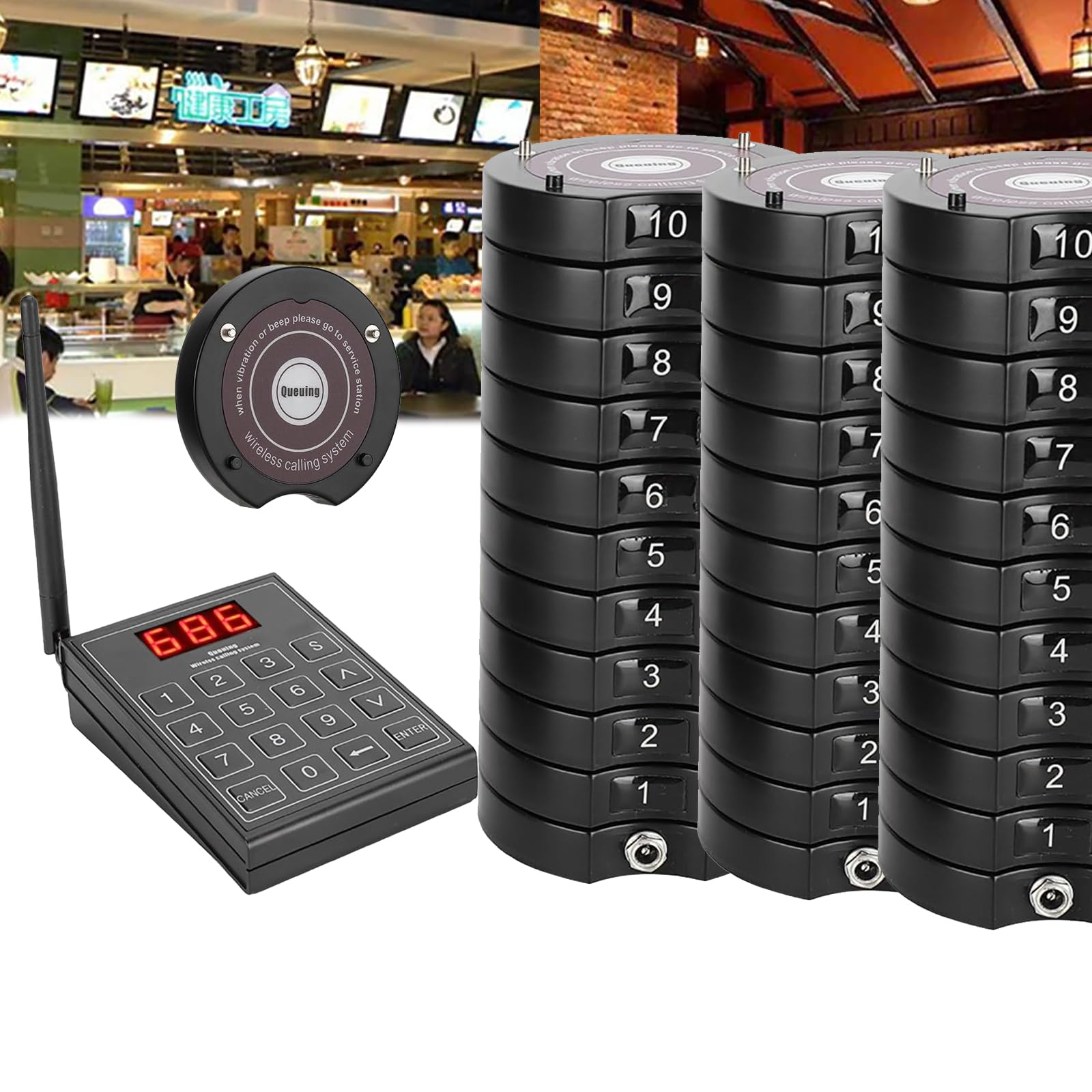 Sistema di chiamata wireless per ristorante, 1 tastiera + 30 sottobicchieri, 3 modalità (vibrazione, cicalino, flash), 999 canali