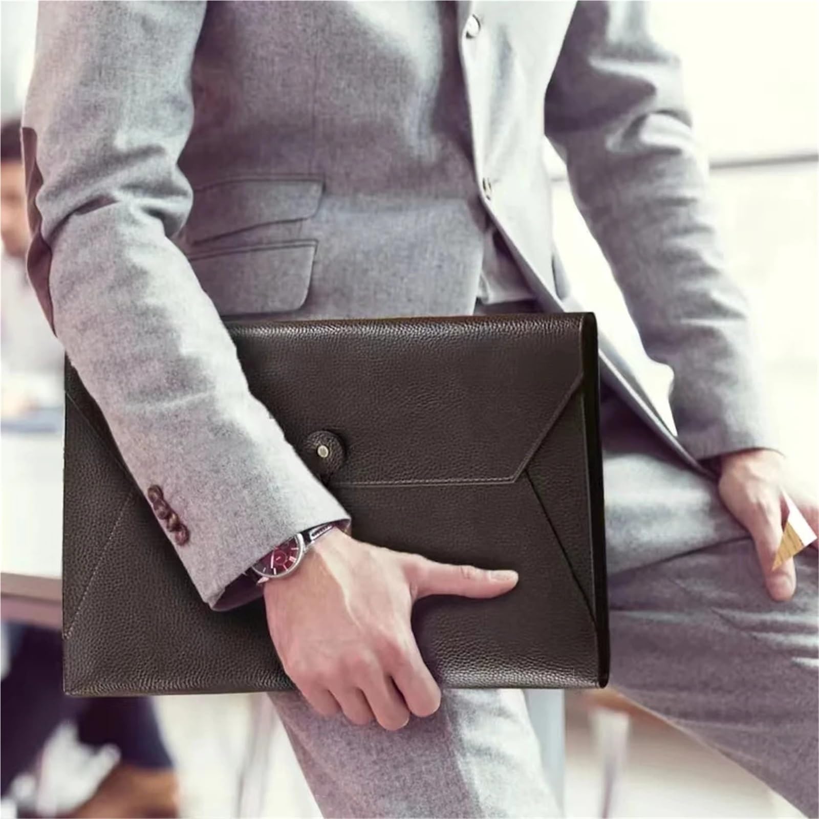 Custodia Portadocumenti In Pelle Cartella portadocumenti in pelle di grande capacità, borsa con fibbia, impermeabile, for ufficio, contratto, organizzatore fatture(Brown)