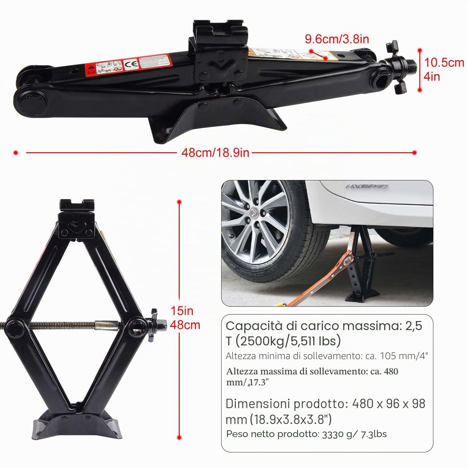 EXLECO Set di cric a forbice da 2,5 T, cric, sollevatore auto, testa di attività a 360°, con chiave a cricchetto 2 in 1, borsa a manovella, guanti per auto SUV MPV
