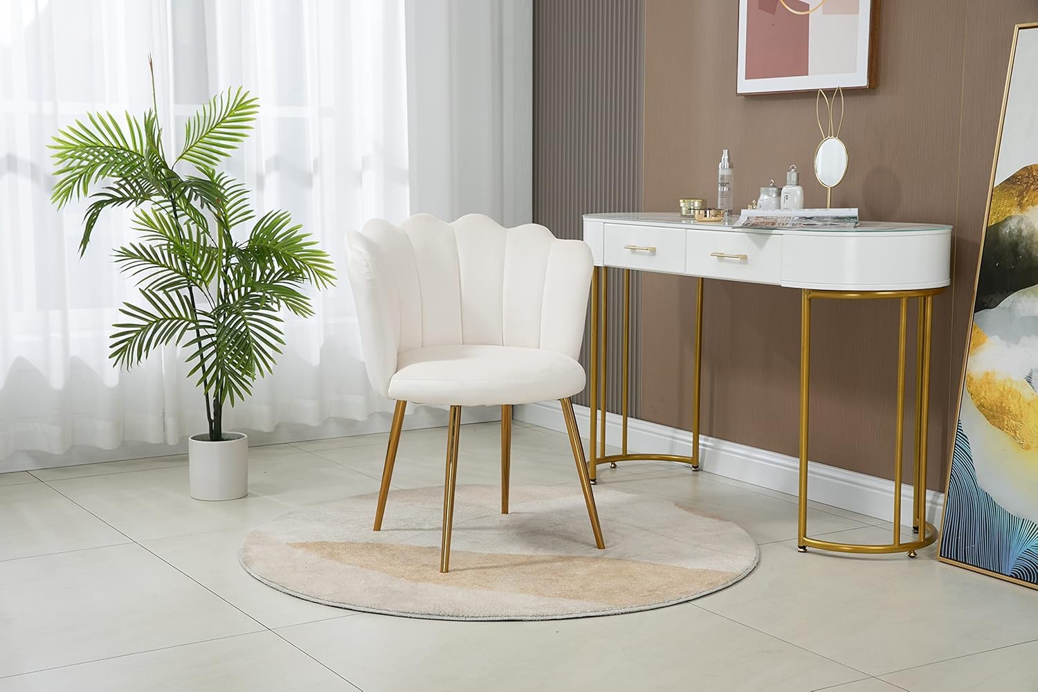 Velvet Designer Chair for Home, Office, Restaurent | Flower Shaped Accent Chair for Living Room| Premium Cushion Seat with Metal Gold Legs | (1, White)-picture-17