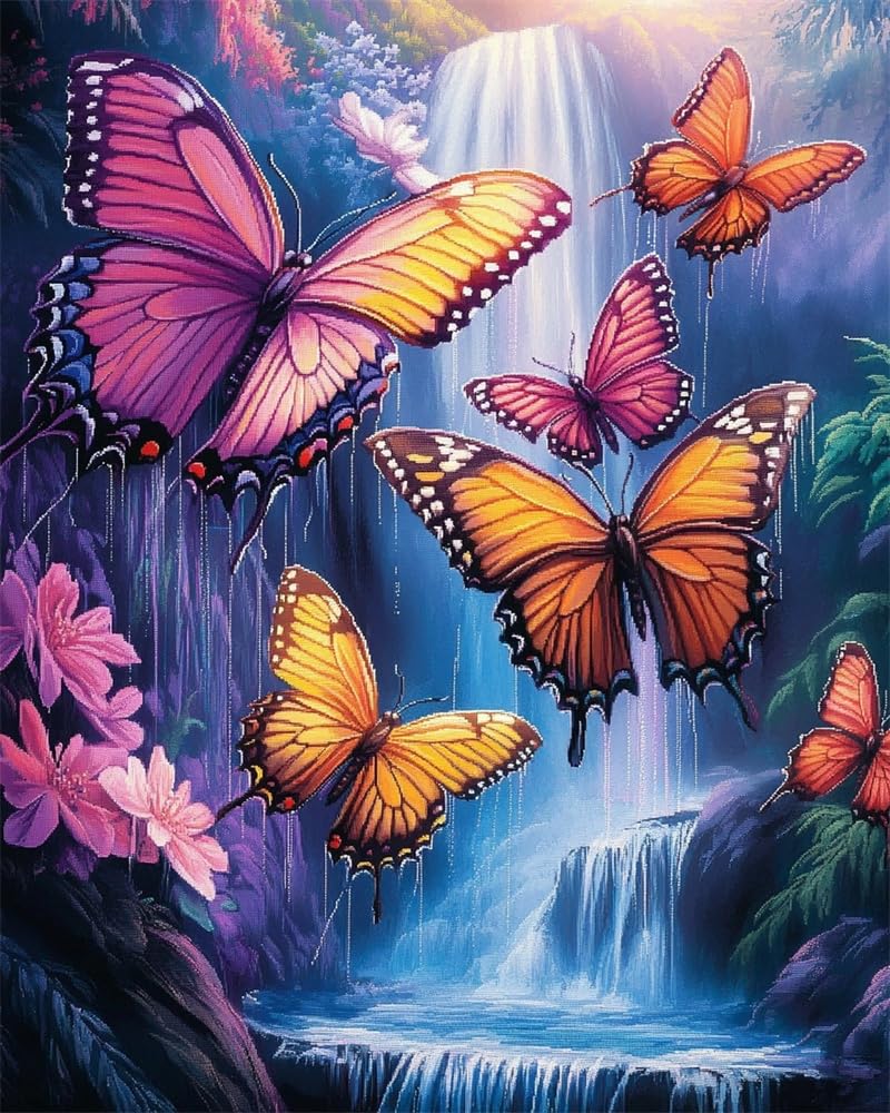 Henypt Crafts Stamped Cross Stitch Kits Preprinted Pattern Counted Embroidery Butterflies Fluttering Starter Kits for Beginner and Adults Stamped 11Ct Adult Craft Kits