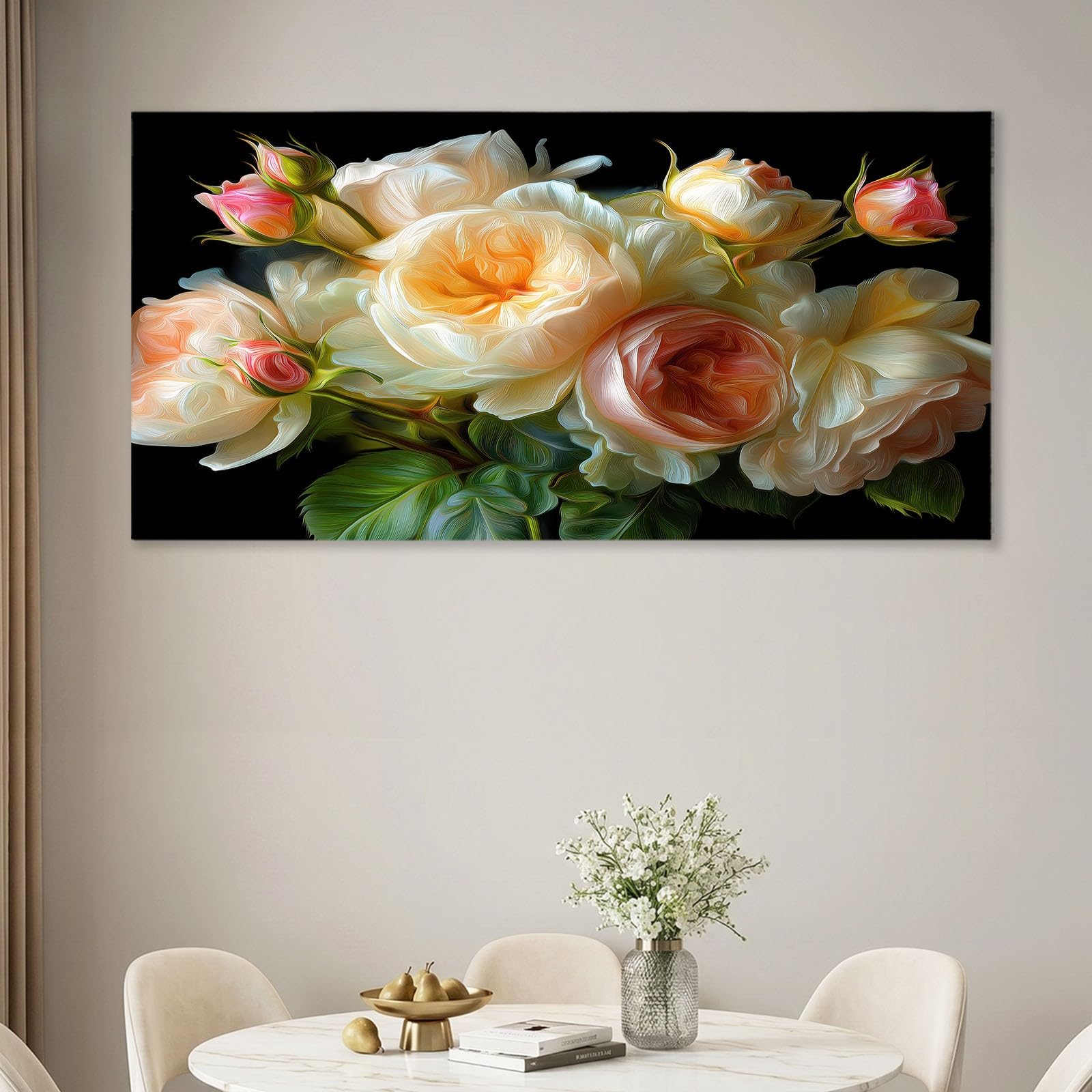 Drewniana rama na płótnie, sztuka ścienna, 140 x 70 cm, styl obrazu olejnego, grafika, obraz ścienny, czarna kwiatowa róża, roślina, obrazy na płótnie, do salonu, sypialni i przedpokoju
