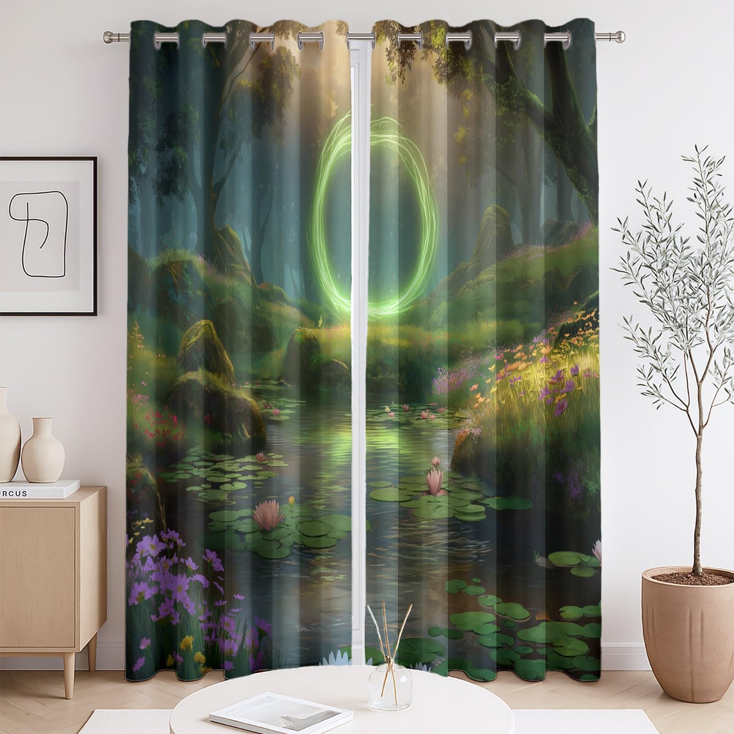 Fantasy Magic Portal Zasłony do kina domowego - można prać w pralce, zasłony z oczkami z nadrukiem cyfrowym, ciemnozielone, szer. 66 x dł. 72 (2 panele) 167 x 182 cm