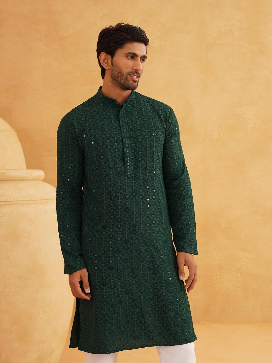 Sojanya (Since 1958 Men's Pure Cotton Green Embroidered Sequined Kurta
