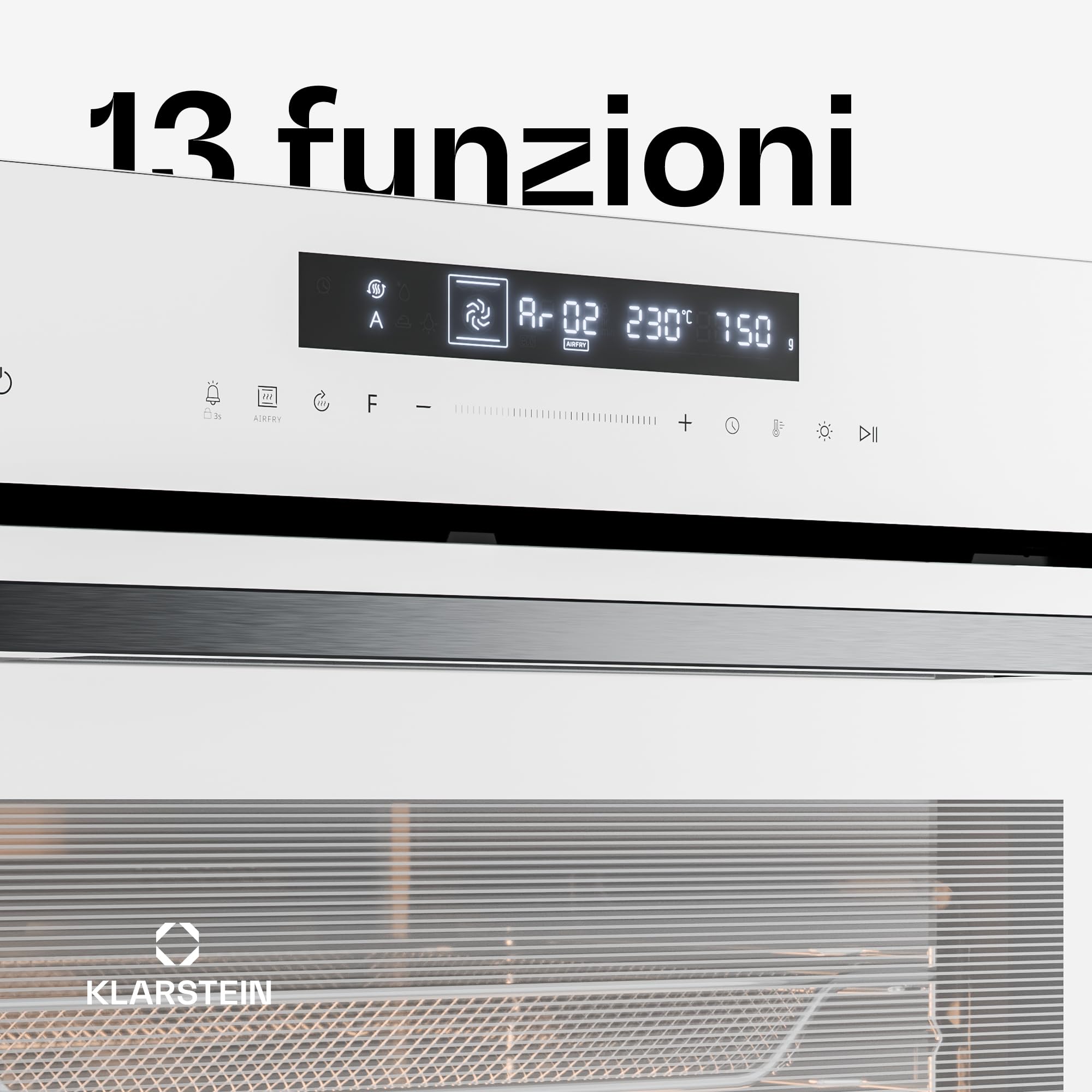Klarstein Airjet Forno da Incasso 72L - Forno Elettrico Ventilato con Airfryer, 13 Funzioni, Touch, Classe A++, Pulizia Facile, Blocco Bambini, Sonda Temperatura, 60 cm, Bianco