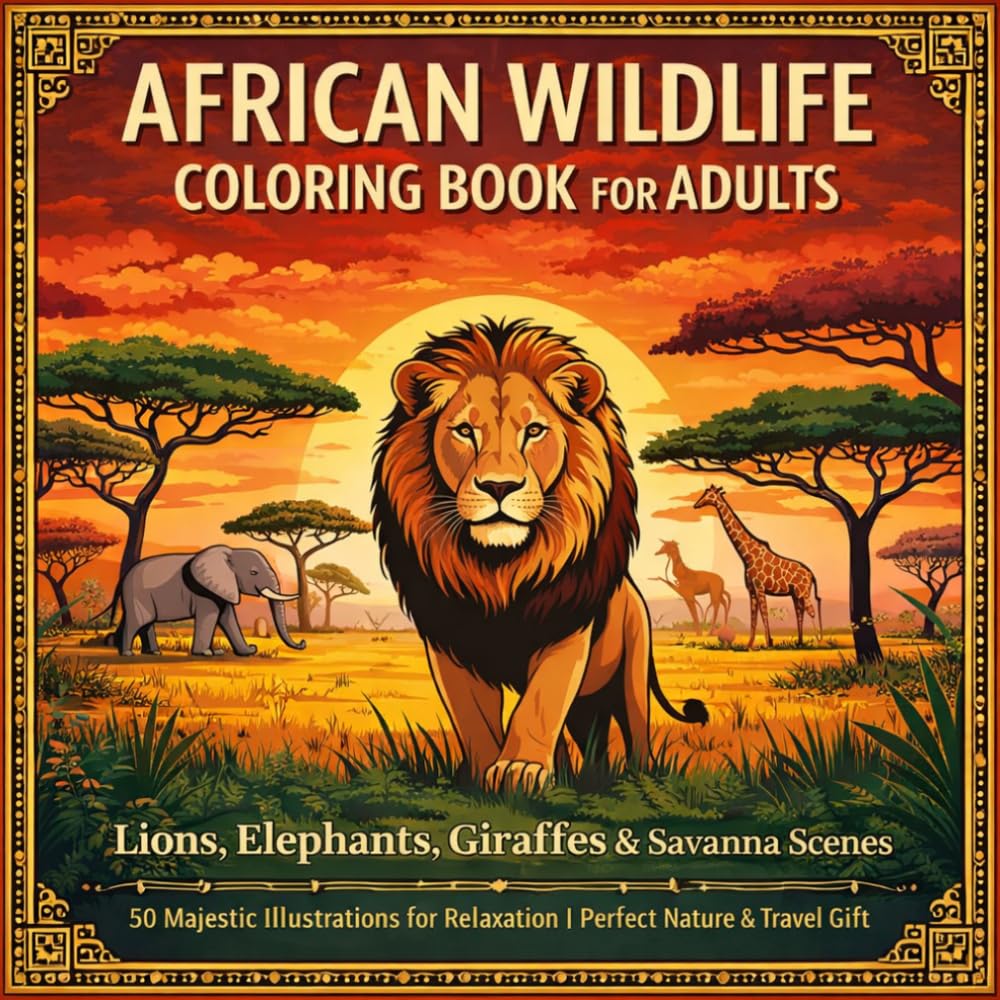 African Wildlife Coloring Book for Adults: Lions, Elephants, Giraffes & Savanna Scenes: 50 Majestic African Animal Illustrations for Relaxation | Nature & Travel Lover Gift