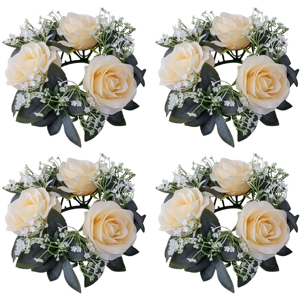 4 Pcs Artificial Rose Candle Rings,Floral Wreaths with Eucalyptus Leaves Greenery Garland 3 Inch Center for Pillar Candle Lantern Wedding Centerpiece Party Home Table Decor (Champagne)