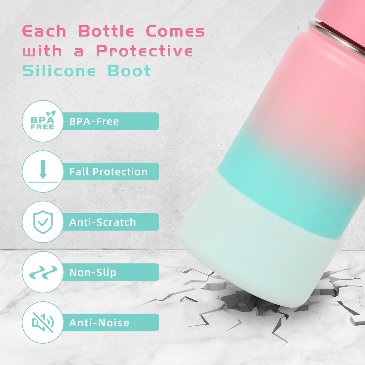 Volhoply 14oz KIds Stainless Steel Insulated Leakproof Water Bottle with Straw Lid and Silicone Boot,BPA-Free Easy Use for Boys&Girls,Double Wall Vacuum Bottles(Pink Green,1) - Image 2