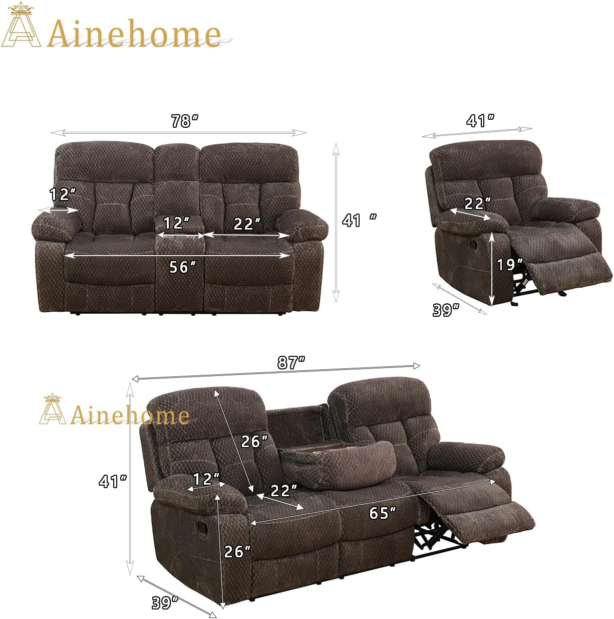 A Ainehome Manual Recliner Sofa Set, Microfiber Recliner Chair and Loveseat Sofa - Modern Reclining Sofa Couch for Living Room/Office (3 Piece Set, Dark Brown)