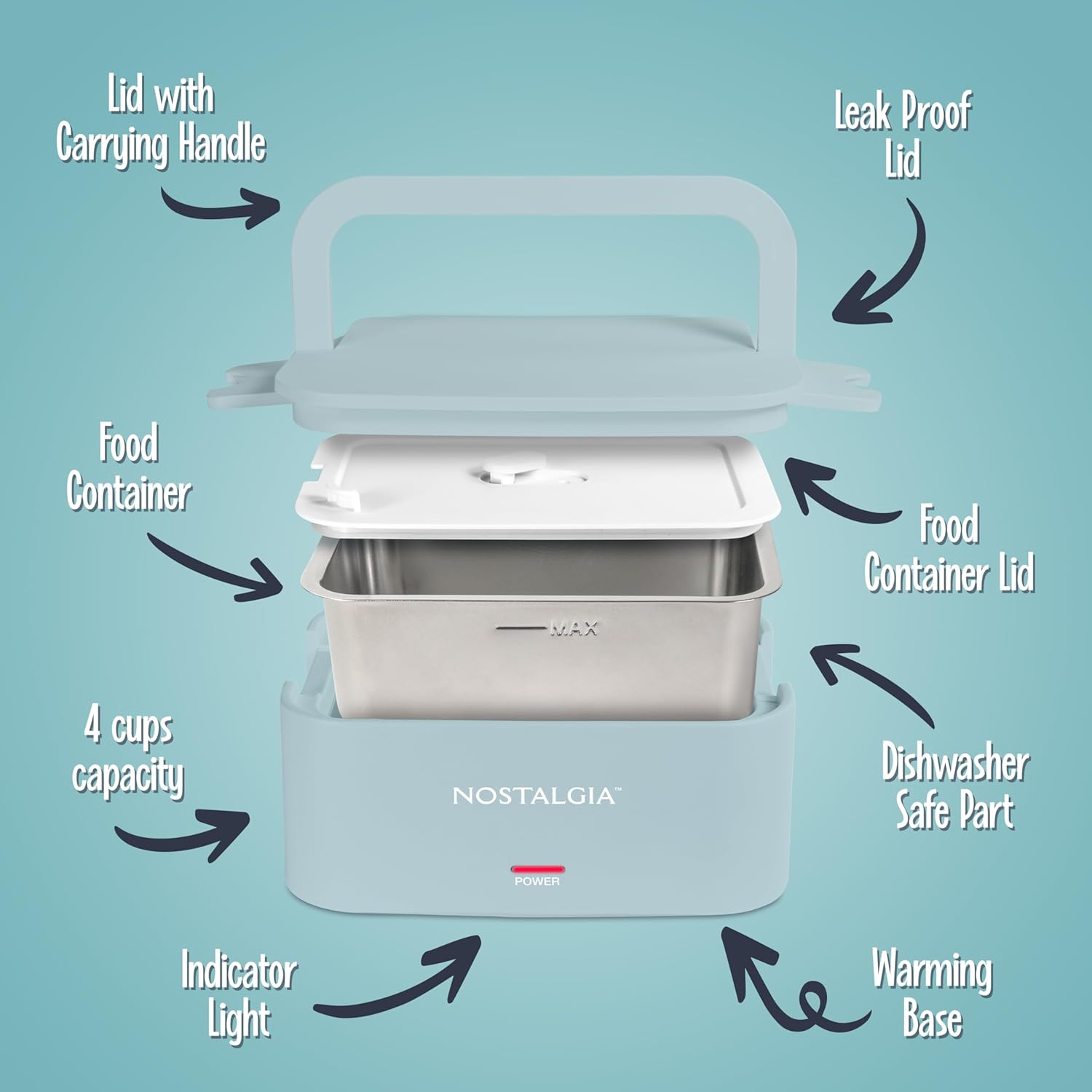 Nostalgia 32-Ounce Heated Electric Lunch Box – Travel Size 4 Cup Capacity for Soup, Pasta, and Leftovers – Leak-Proof Silicone Sealed Lid, Foldable Carry Handle, Detachable Cord – Chambray - Image 3