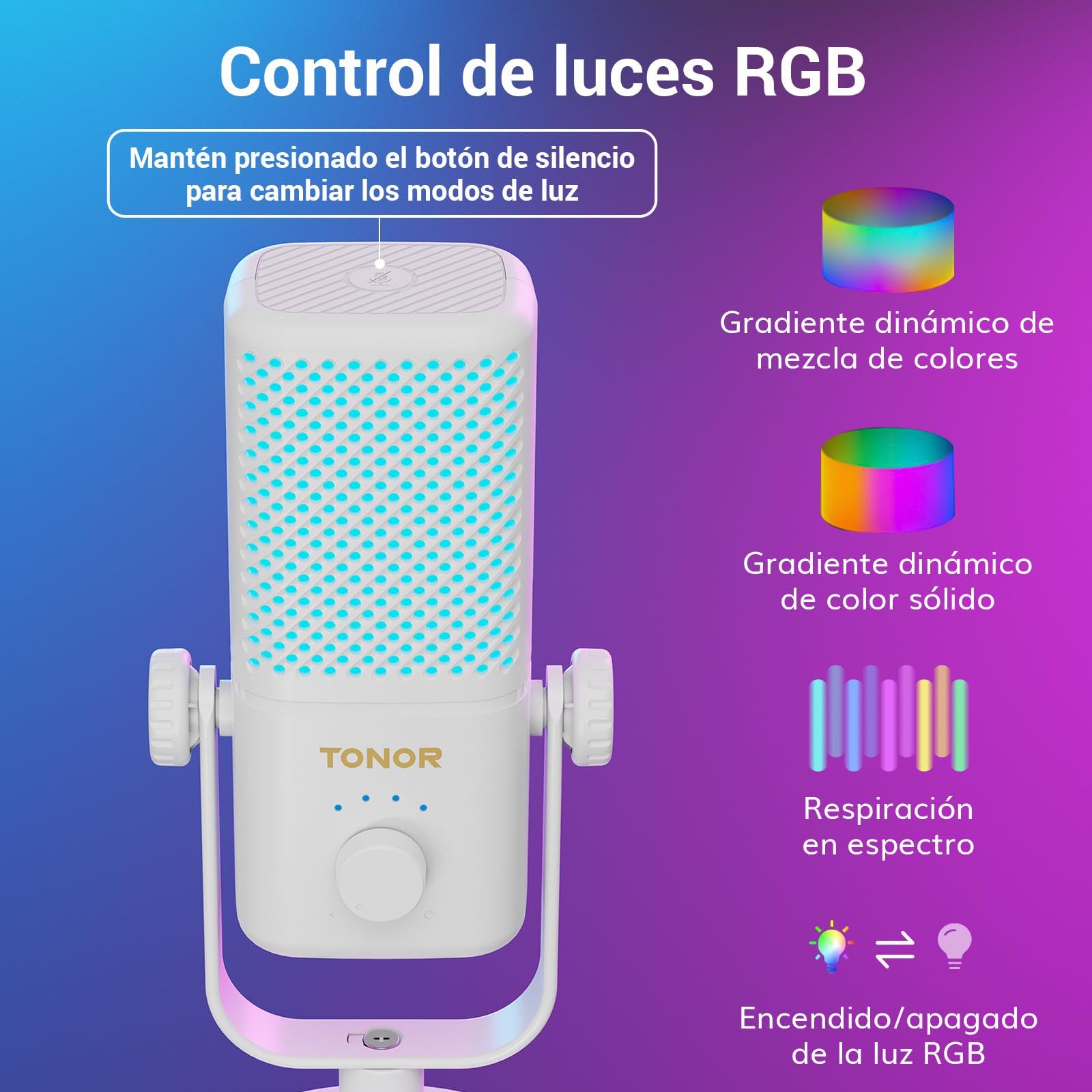 TONOR Micrófono para Juegos Compatible con Xbox, Micrófono Condensador RGB con Vida útil de la Batería 30h, Control de Ganancia, Micrófono de Escritorio con Botón Silencio, Blanco, 200cm,TCX3