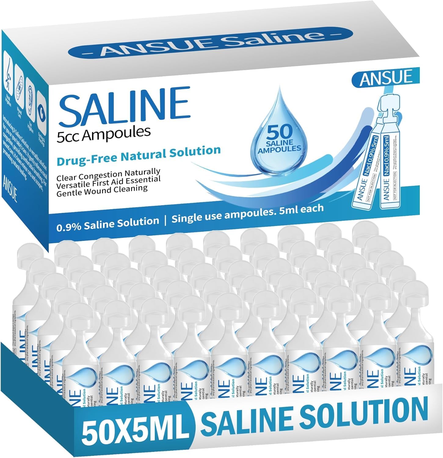 ANSUE 0.9% Saline Solution for Nebulizer and Nasal Cleansing – Gentle Isotonic Sodium Chloride Solution for Adults & All Ages – Sterile 5ml Vials, 50 Count