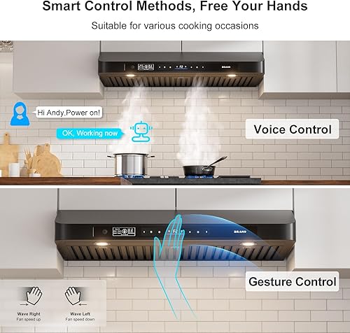 Miniatura 3 de Brano Campana extractora de 36 pulgadas para debajo del gabinete, 900 CFM de vozgestoscontrol táctil con ventilación de campana de cocina con