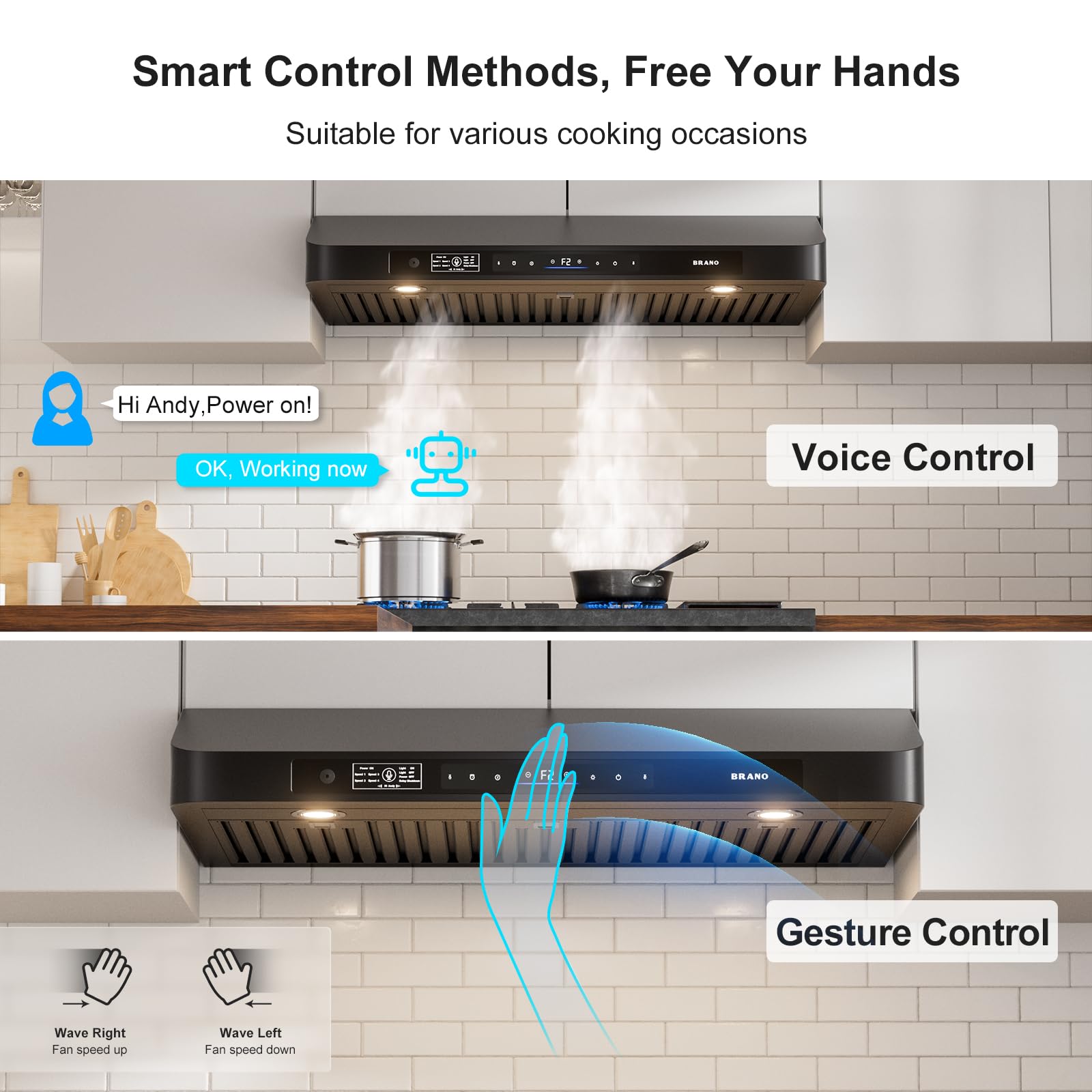 BRANO 36 Inch Under Cabinet Range Hood with Voice/Gesture/Touch Control, 900 CFM Kitchen Hood with 4-Speed Exhaust Fan, Stainless Steel Stove Hood with LED Lights, Baffle Filters - 2