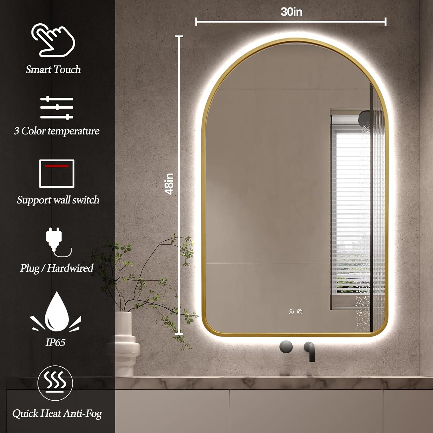 48"x30" Arched LED Bathroom Mirror, Wall Mounted Backlit Mirror with Lights Fog Free Lighted Framed Mirror Smart Anti-Fog 3 Color Temperatures Adjustable Brightness Gold