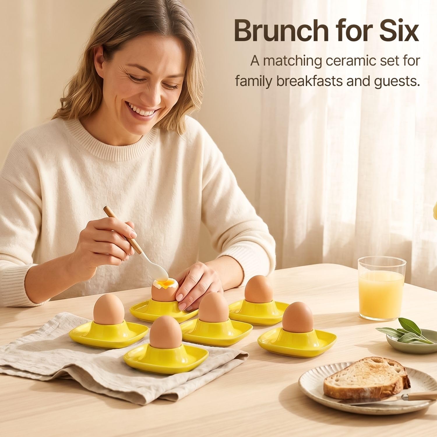 Flexzion Coquetiers pour œufs à la coque - Lot de 6 en céramique - Coquetiers empilables avec socle pour service, petit-déjeuner, brunch - Décor de table, Jaune