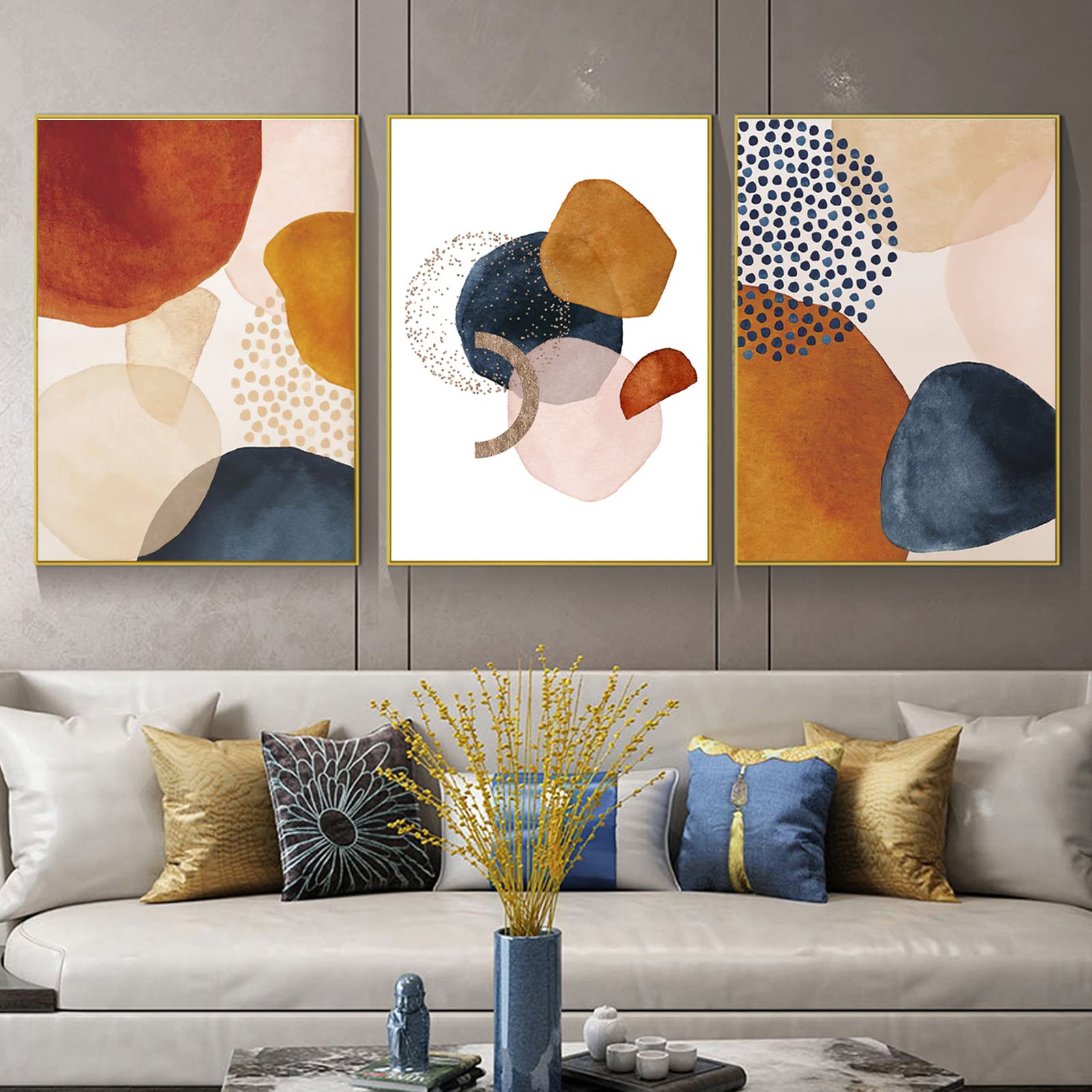 Dthllay Blue and Orange Terracotta Wall Art - Frameless 16x24inchx3pcs Modern Abstract Pictures for Living Room Wall Decor