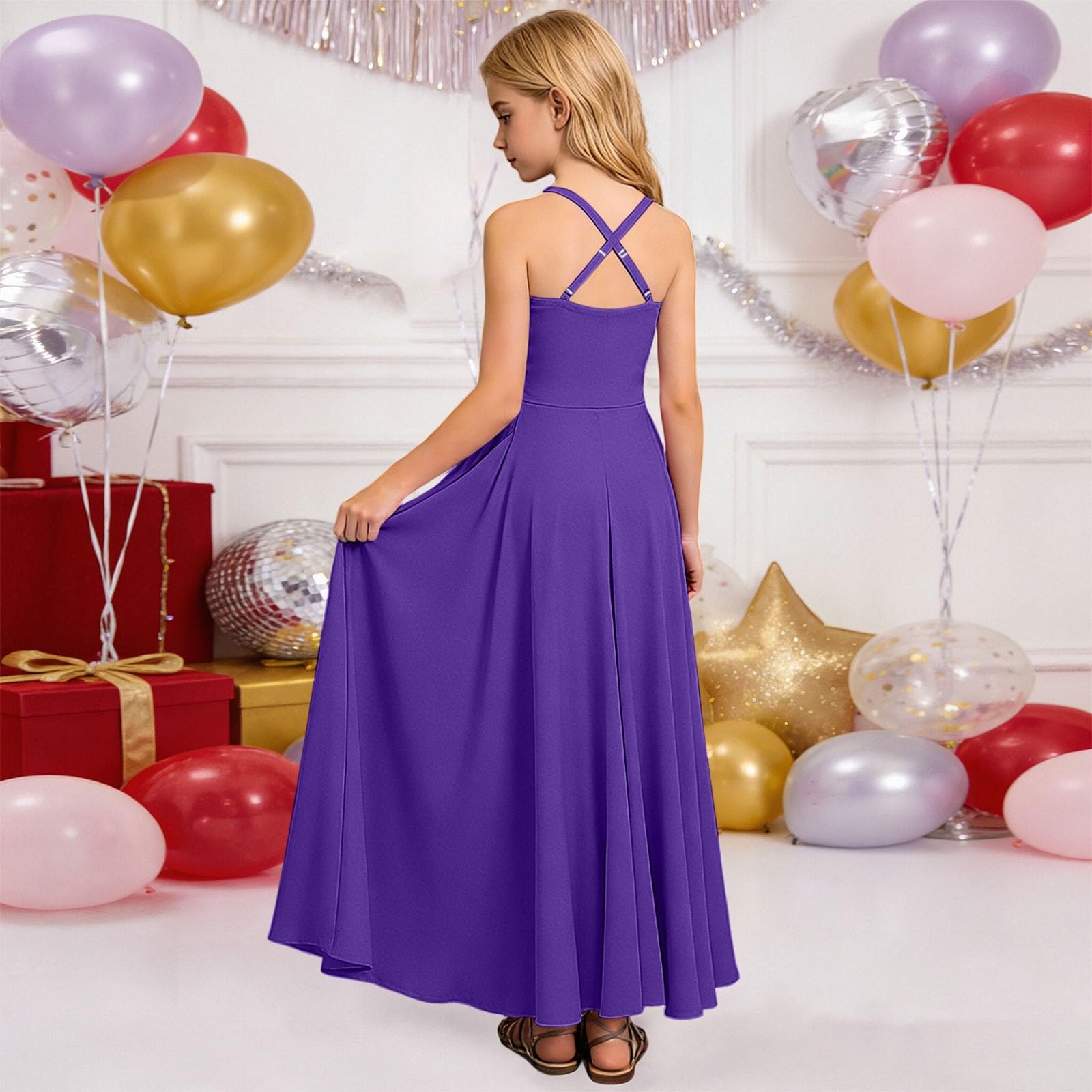 Generico Abito Damigella Bambina - Comunione Cerimonia Tulle Pizzo Chiffon Dress Senza Maniche Estivo Elegante Principessa Matrimonio Nozze Lungo Abito Damigella D’Onore Backless Linea A Vestito