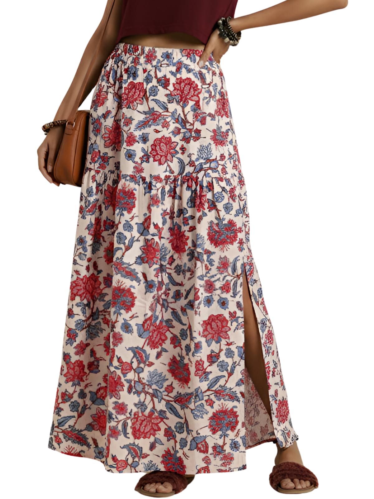 Janasya Women's Maxi Skirt for Women High Waist | Long Skirts Printed | Summer Floral Skirt with Slit | Boho Skirt's in multi