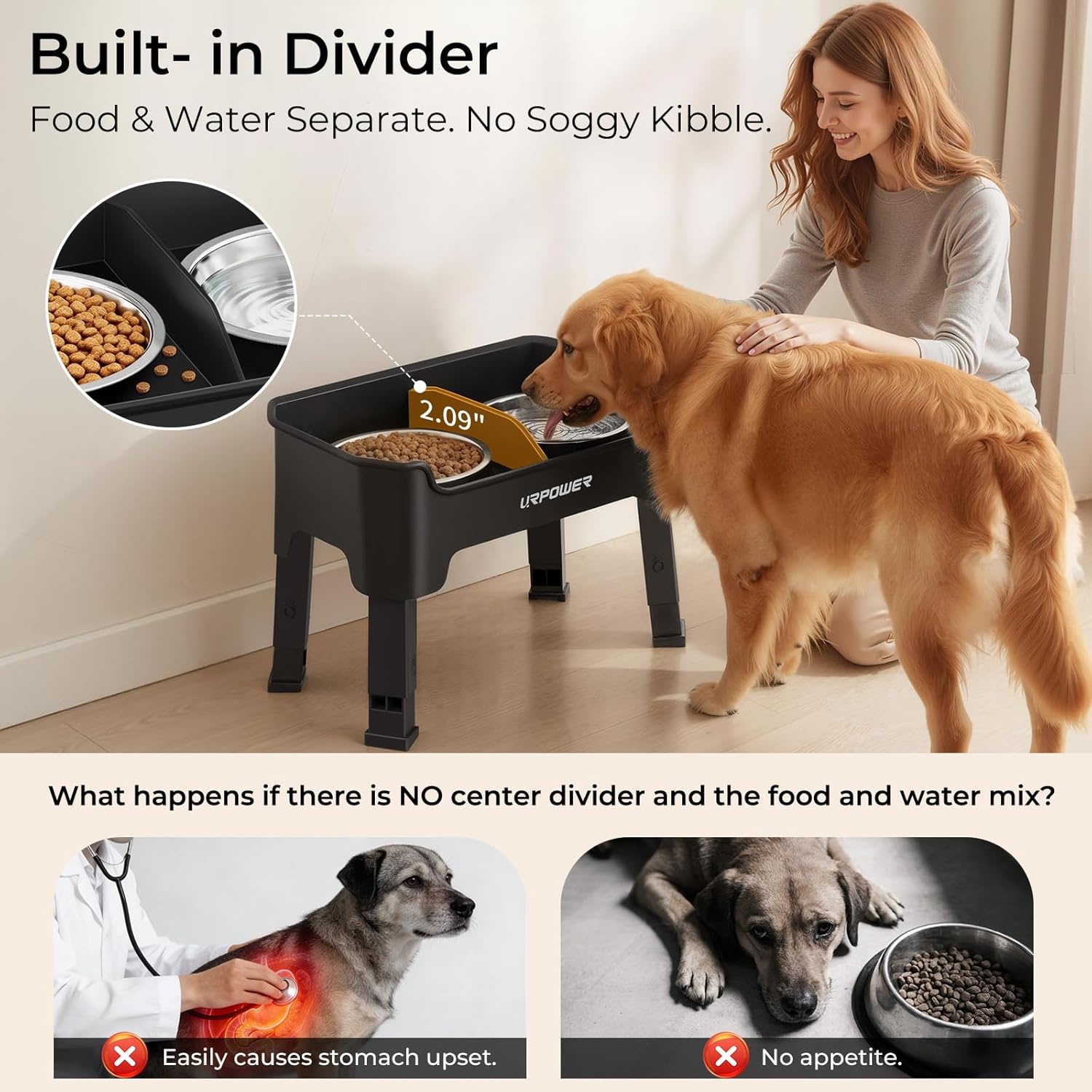 URPOWER Mess Proof Elevated Dog Bowls, High Wall Splash Guard Design, 4 Height Adjustable Raised Bowl Stand, 2 Large Stainless Steel Bowls, Non-Slip Food Water Set for Small Medium Large Dogs - Image 4