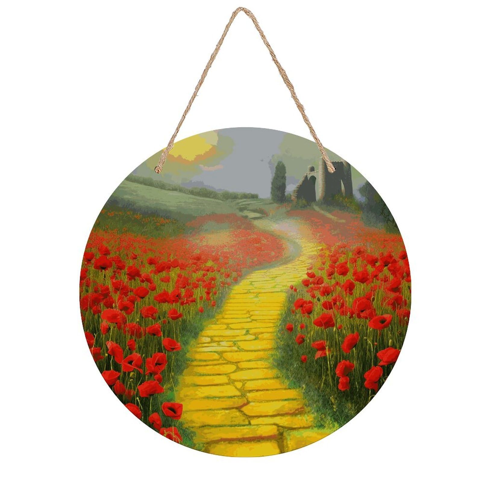 FekiLoot Poppies Field Yellow Brick Road Wall Art Decor Rustic Vintage Hanging Wall Sign Aesthetic Welcome Door Sign with Rope, Round Wood Walls Decoration Picture for Home Front Door 7.9x7.9 in