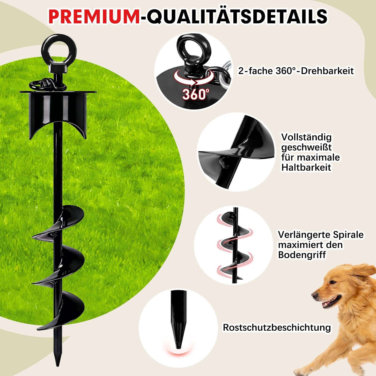 Snagle Paw Bodenanker für Hunde mit Lock-Cap, 6M Leine with Erdanker für Außen/Garten/Camping mit Stoßdämpfender Bungee-Leine, 360°drehbarer Rostfreier Bodenanker für Leinen, Ketten bis 360 lbs