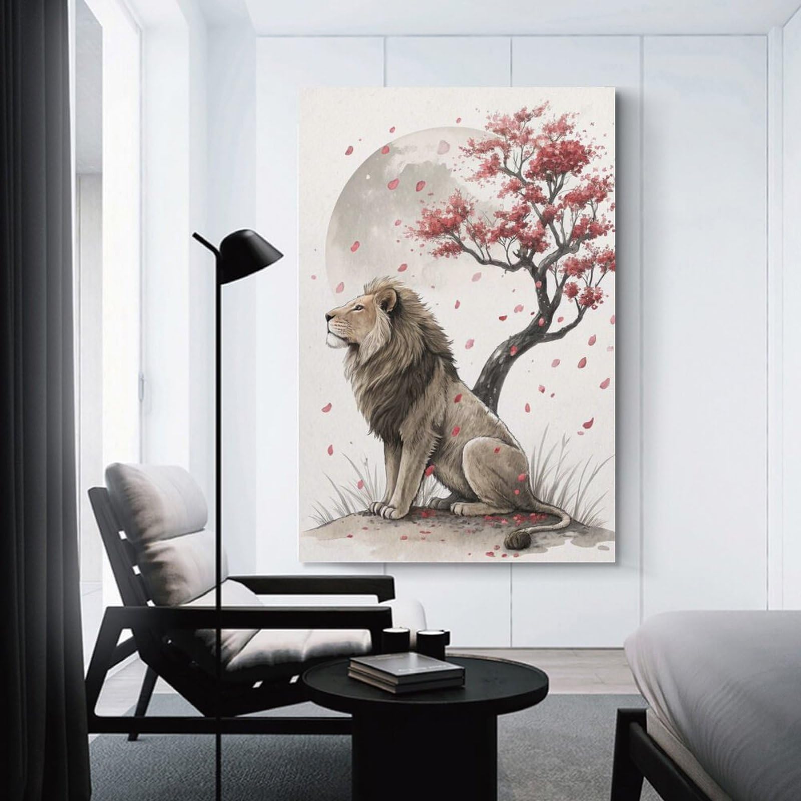 Junmoney Room Decor Wall Art Lion Under A Cherry Blossom Tree, 20x30inch(50x75cm), for Hallway, Bedroom Or Modern Interiors, Gift Idea for Housewarming And Birthdays