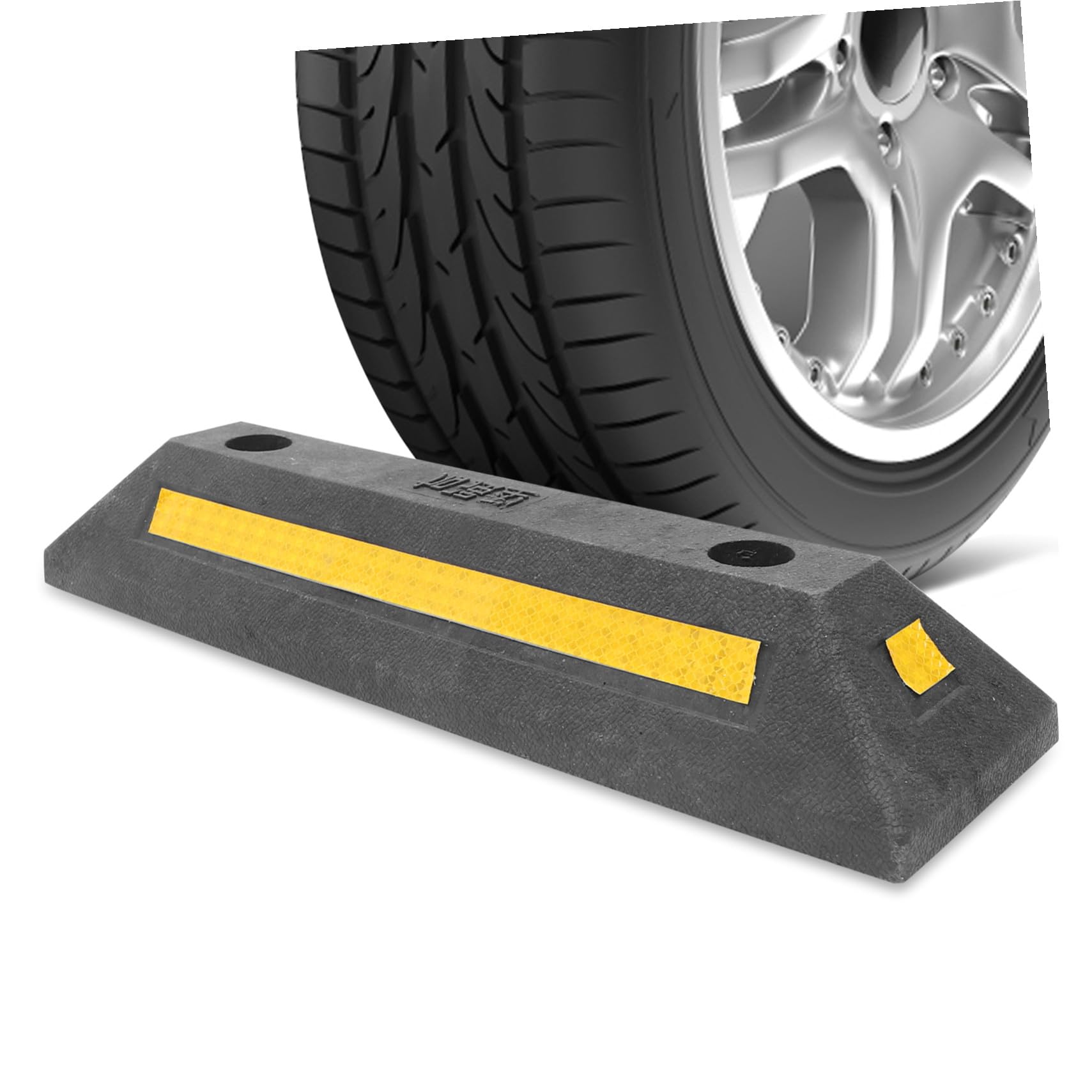 Tope de Rueda de Caucho Reforzado 480x130x80 Mm, Bloqueador de Aparcamiento para Garaje, Ayuda para Estacionar Vehículos, Indicador de Parada Alta Resistencia y Cinta Reflectante