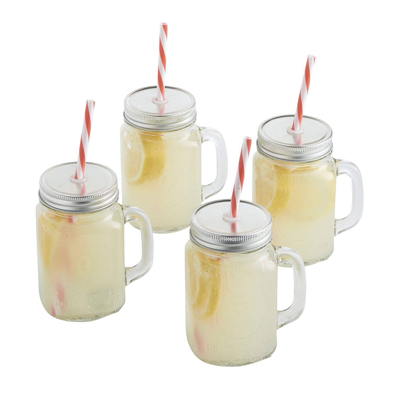 Mason Jar Mugs with Handle, SILVER Lid and Plastic Straws. 16 Oz. Each. Old Fashion Drinking Glasses - Pack of 4. By Premium Vials