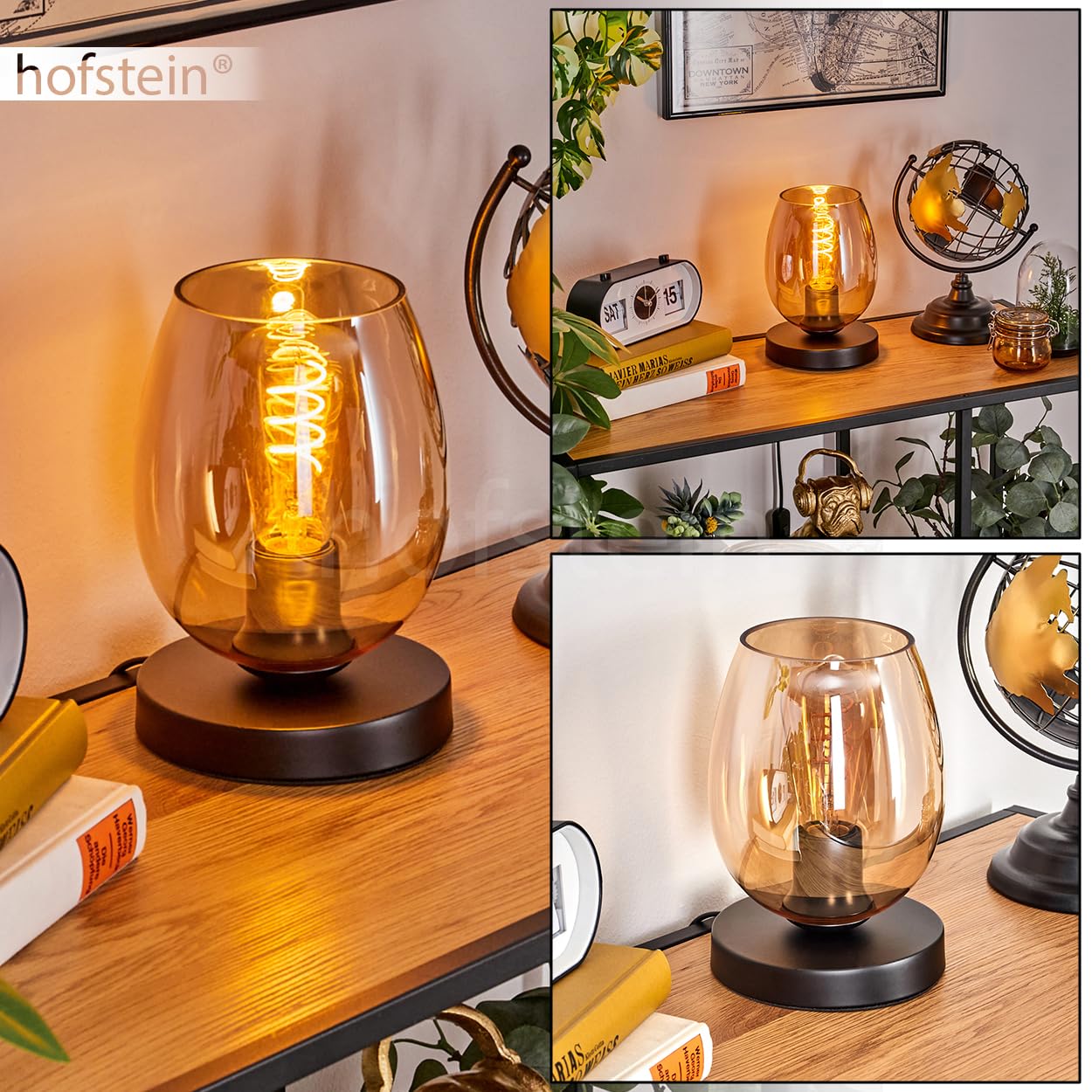 Tischleuchte Koyoto, Tischlampe aus Metall/Glas in Schwarz/Bernsteinfarben, Leuchte im modernen Design mit Schirm aus Glas (Ø 15 cm) u. An/-Auschalter am Kabel, 1 x E27, ohne Leuchtmittel