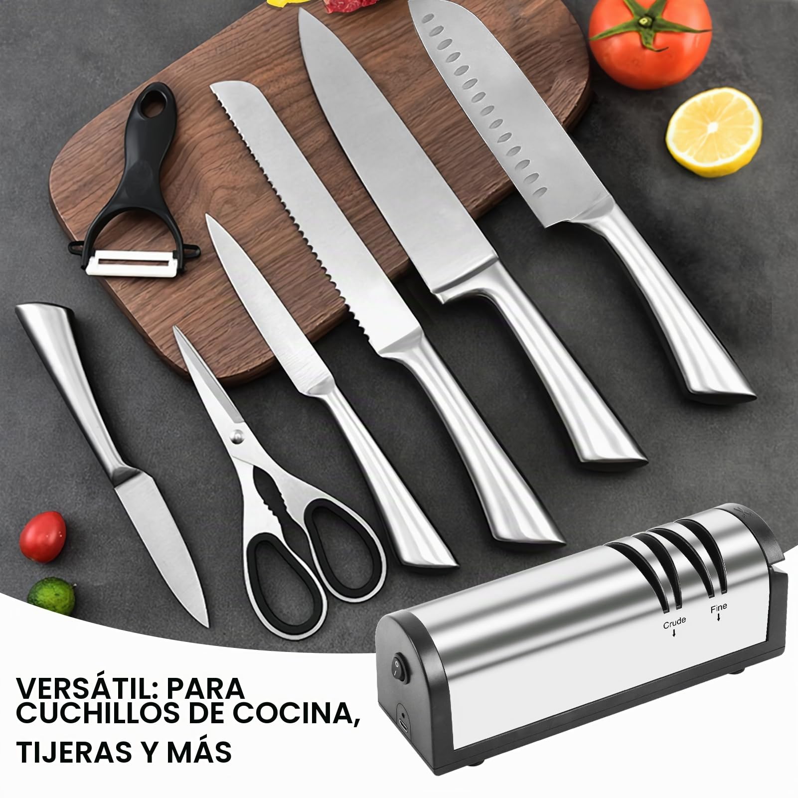 SOARFLY Afilador de cuchillos eléctrico, acero inoxidable, afilador de cuchillos eléctrico, profesional, ergonómico, afilador de cuchillos eléctrico para áspero y fino, ideal para todo tipo de