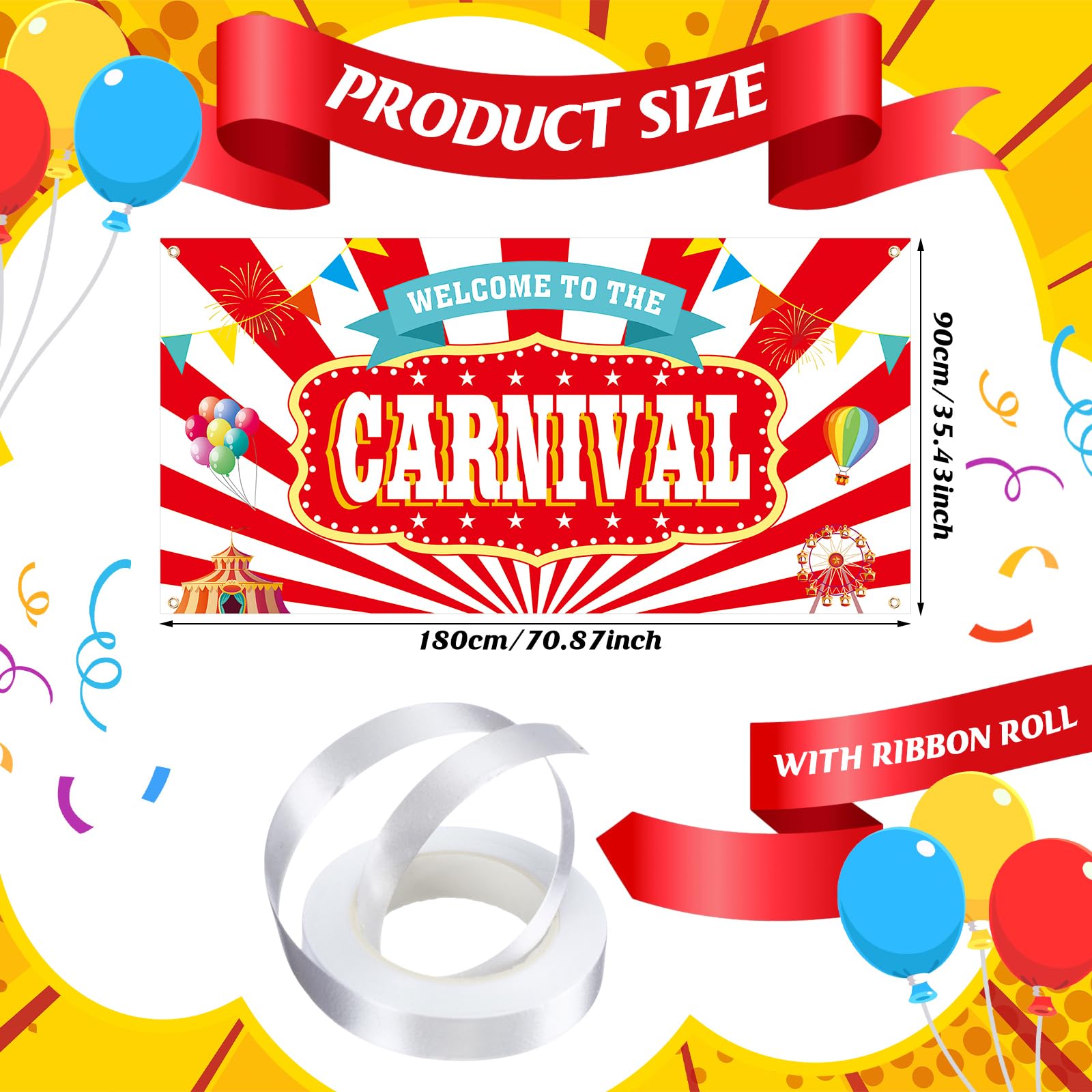 Teenyyou Welcome to the Carnival Banner Decoraciones de carnaval | Diseño de rayas rojas y blancas, decoración de fiesta temática de carnaval, telón de fondo de tela duradera para