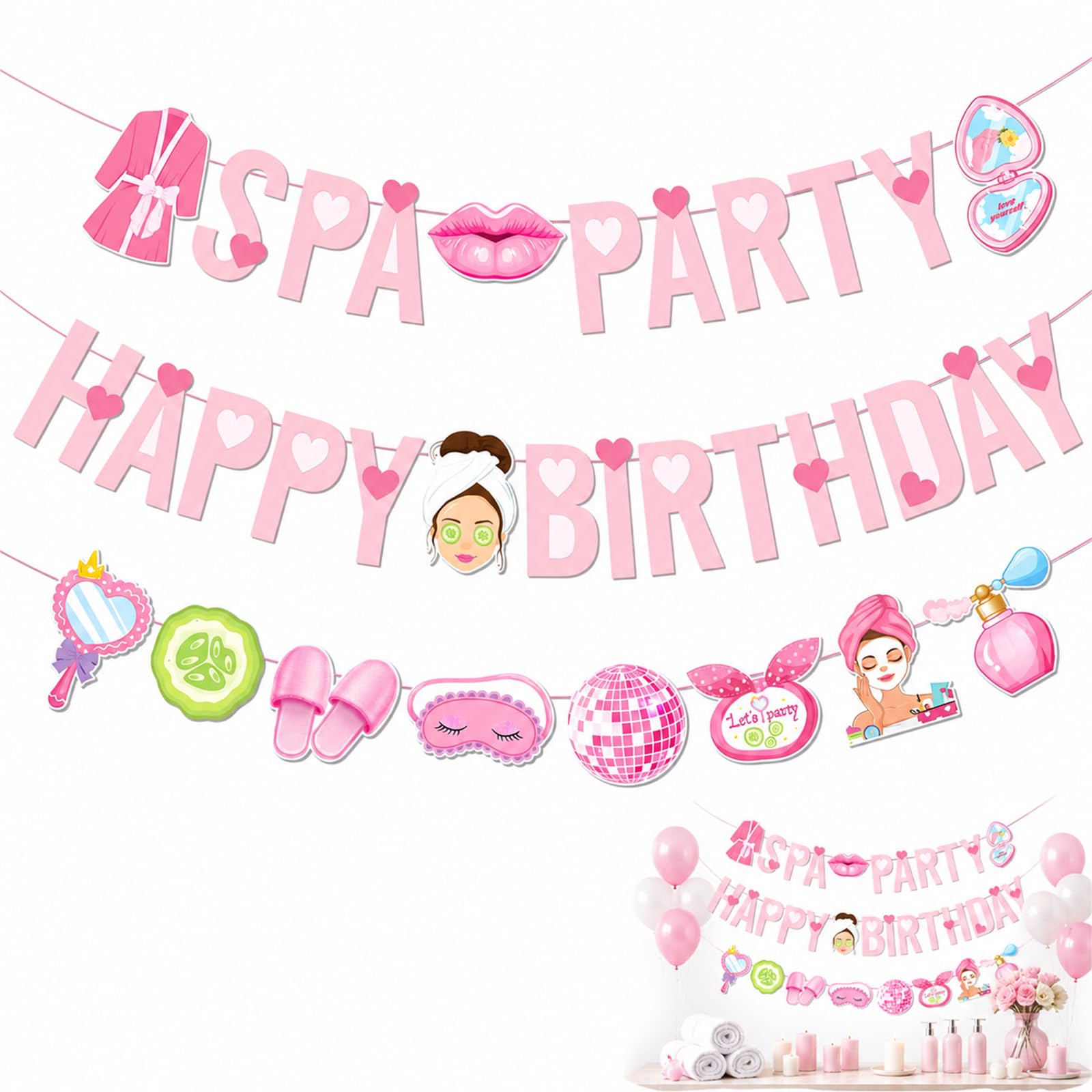 3Pcs Pink Spa Birthday Banners Set Adult Makeup Themed Party Decorations