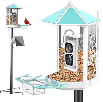 Onlyfly Metal Bird Feeder with Camera and 74.5 Inch Pole - Smart Camera Bird Feeder Solar Powered with 2k Live Stream for Backyard, Ai Identify Auto Capture Videos, Gifts for Birdlover Mom Dad