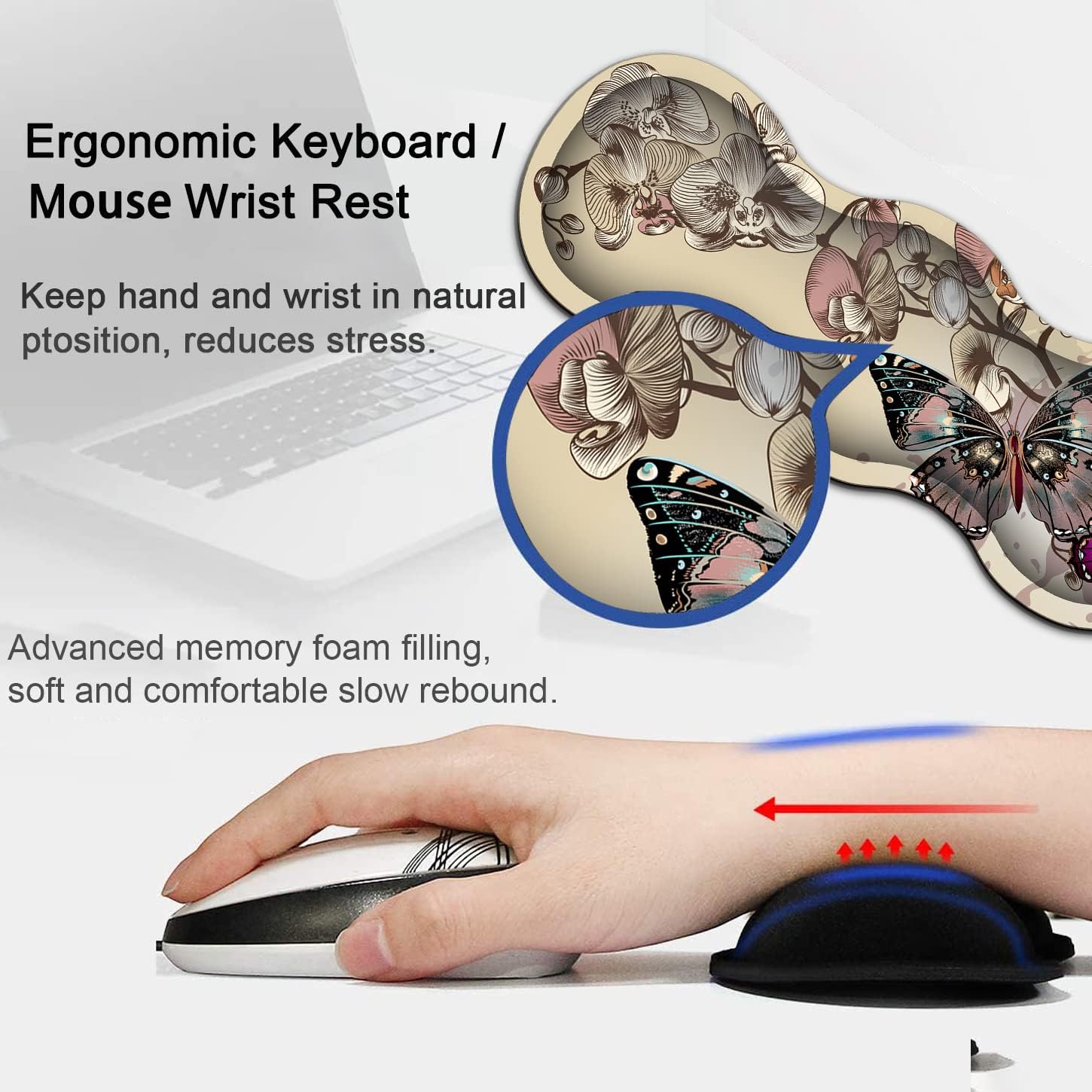 Ergonomic Memory Foam Keyboard Wrist Rest and Large Gaming Mouse Pad with Non-Slip Base, for Home Laptop Office Desk Pad,31.5x11.8 Big Desk Mat Beautiful Butterfly Pattern Mouse Pad Wrist Supprot