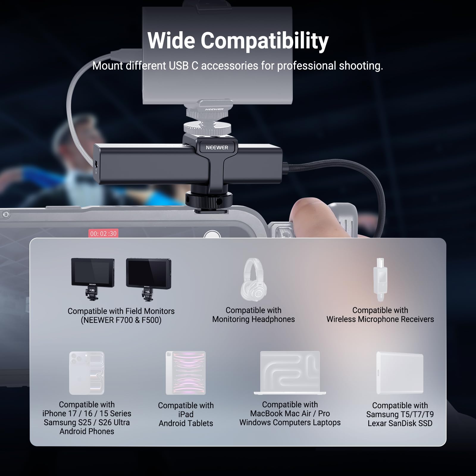 NEEWER Hub USB C Dock z mocowaniem Cold Shoe Mount, 4 w 1 USB 3.1 Gen2 Extender Multiport Adapter Dongle, ładowanie 100 W PD, 10 Gbit/s, 4K 60 Hz, kompatybilny z iPhone, iPad Mac Android, laptopami
