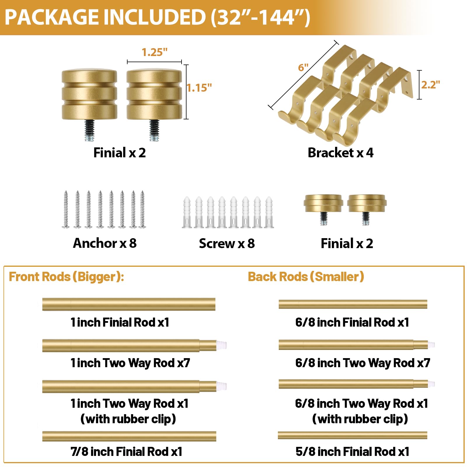 TONIAL Bastone per tende doppie da 1 pollici per finestre da 167 a 300 cm, resistente, decorativo, da 32 a 344 pollici, con terminale classico, oro