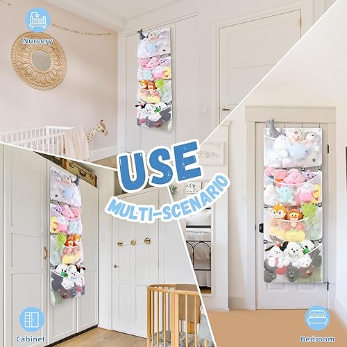 Miniatura 6 de POVETIRE Almacenamiento de animales de peluche, organizador grande de fieltro sobre la puerta, organizador ajustable para colgar cosas de animales,